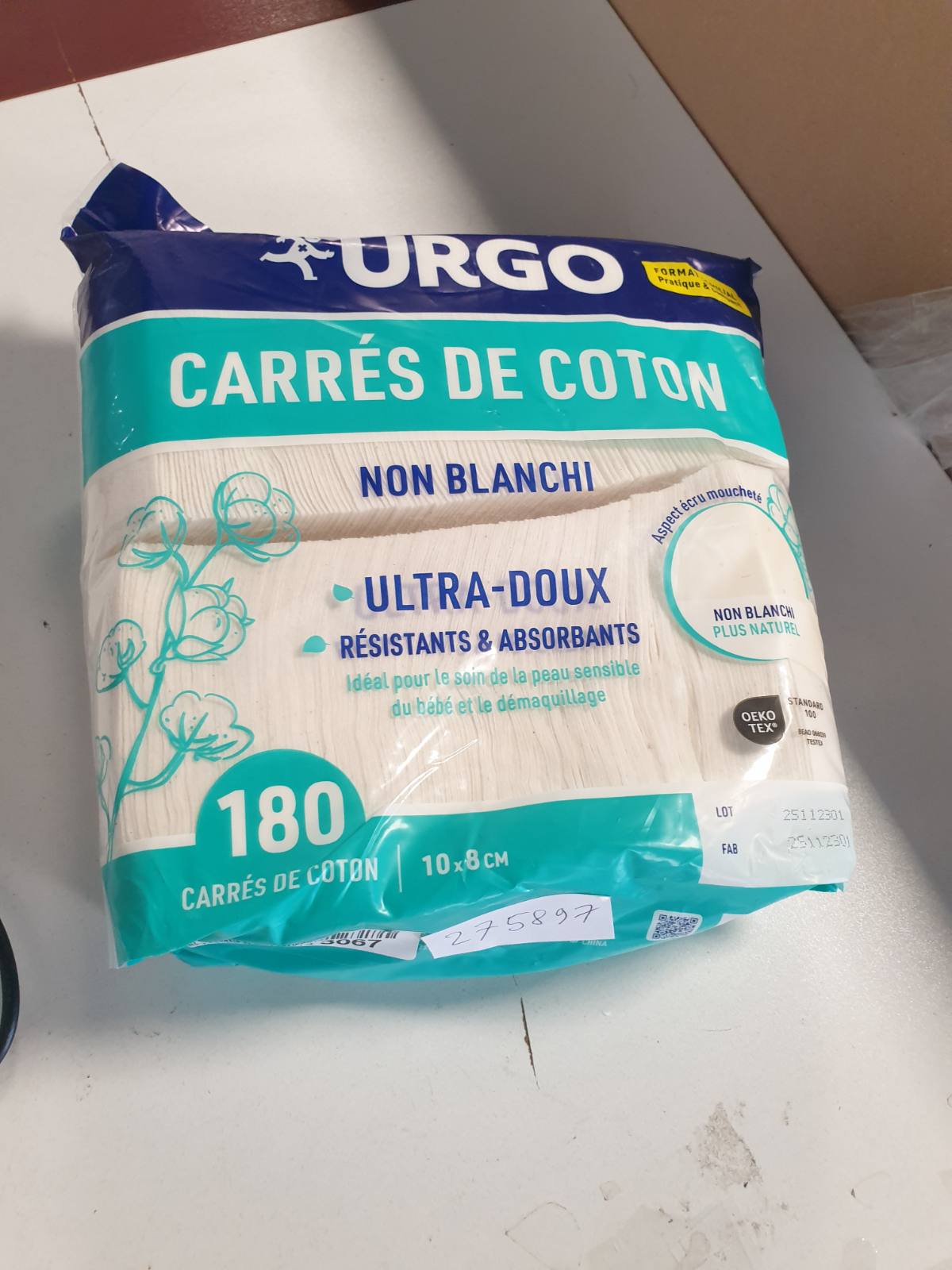 275897 - URGO Pambuk katrorë - Ultra i butë thithës - Pambuk me cilësi të çertifikuar OEKO-TEX®, i pazbardhur - 180 copë