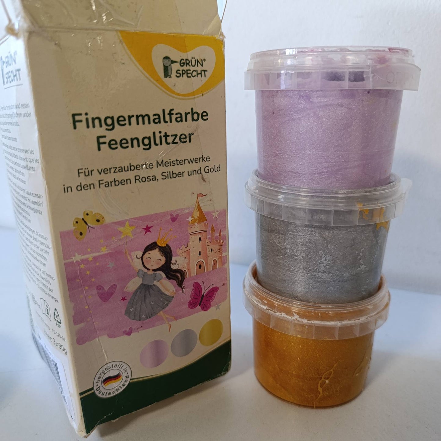 275617 - GRÜNSPECT Set bojërash për gishta me shkëlqim Glitter Fairy, 3 x 90 g, jo-toksike, vegane, të tretshme në ujë, ngjyra kremoze: rozë, argjend, ari (698-V2)