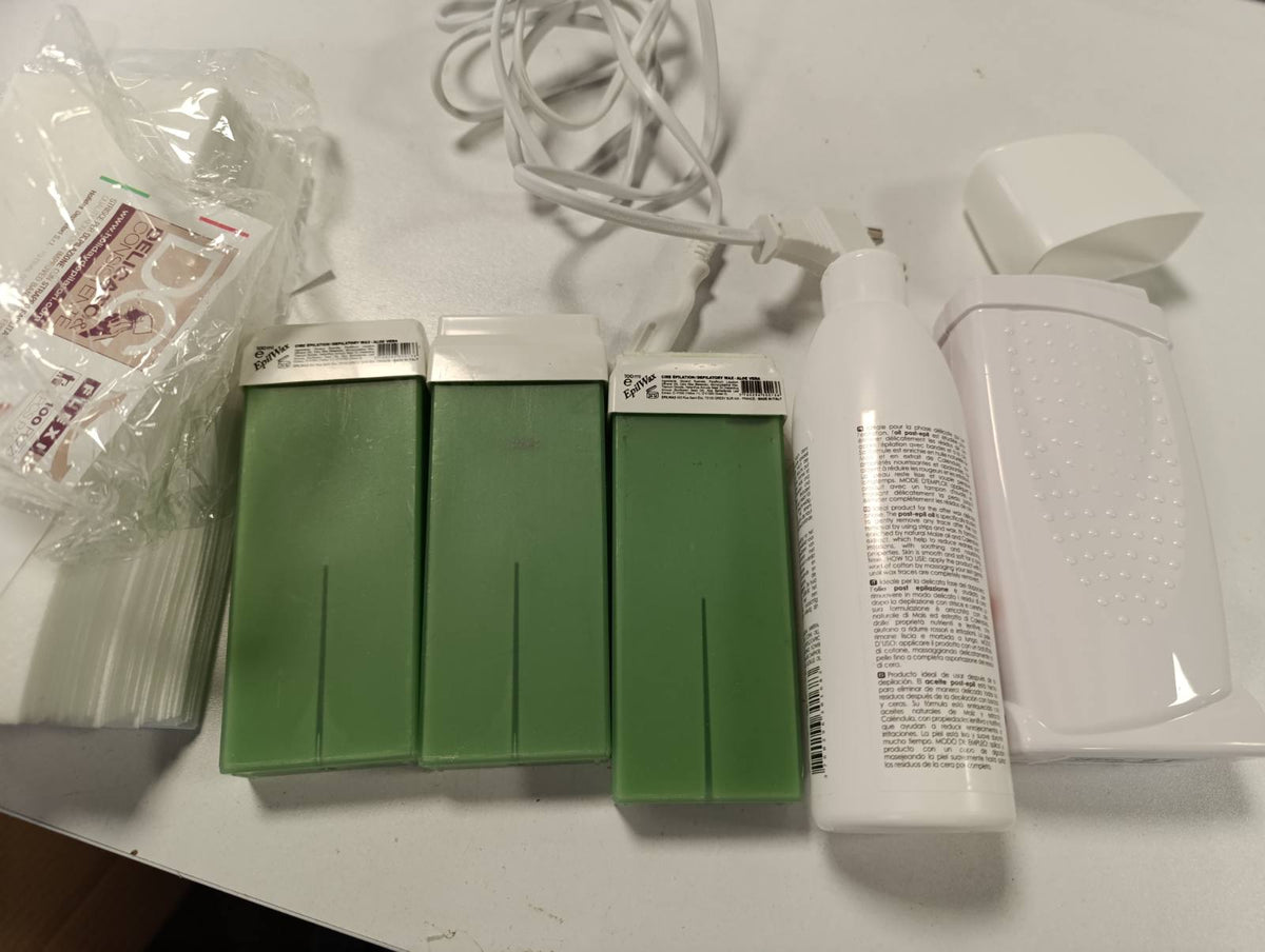 307587 - EPILWAX Royal Kit i plotë për heqjen e qimeve me ngrohës profesional dylli, 4 dyllë Roll-On 100ml Aloe Vera, 100 shirita depilimi, 250ml vaj pas depilimit