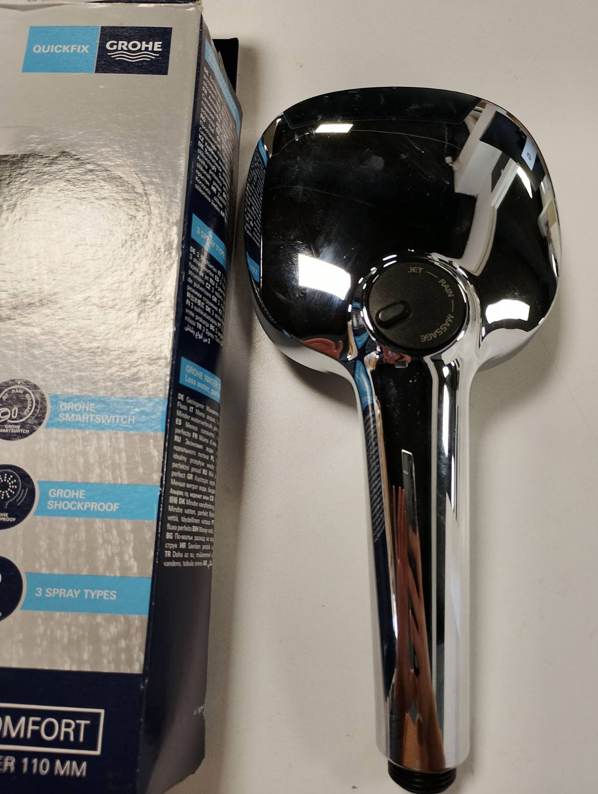 313359 - GROHE Vitalio Comfort 110, Kokë Dushi Kub 11cm, 3 modele spërkatjeje (Shi/Stimulues/Masazh), Kursim Uji, Sistem kundër gëlqeres, Krom, 26092001