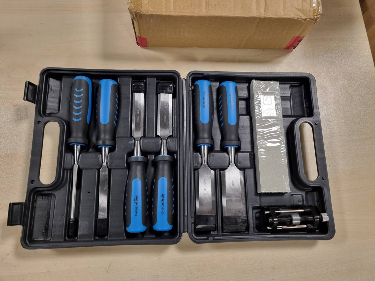 313386 - AMAZON BASICS Set Daltë Druri për Gdhendje me Udhëzues Mprehjeje, Gurë Mprehjeje dhe Kuti Ruajtjeje, 1/4" - 1-1/2", 8 copë