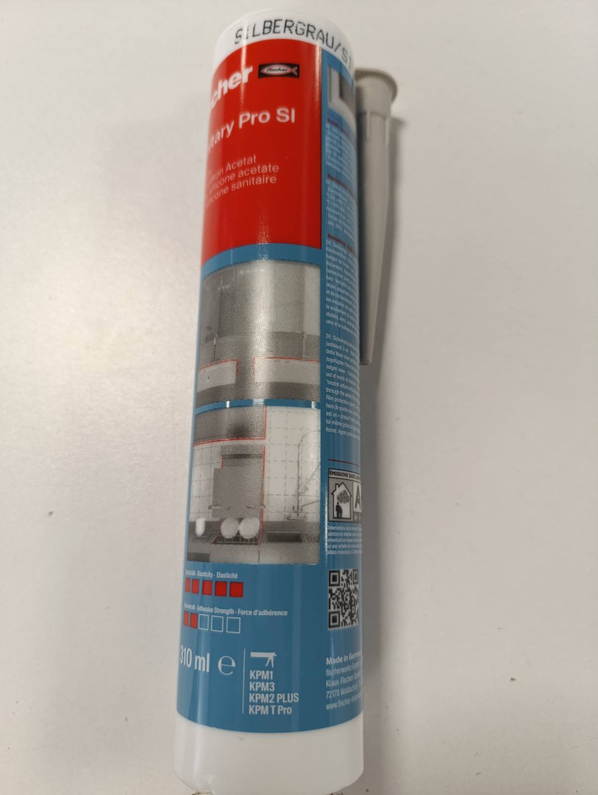 335428 - fischer Silikon Sanitar Premium 310 ml, gri-argjendtë, për vulosje dhe fugë në zona sanitare dhe kuzhine, mbrojtje afatgjatë kundër mykut