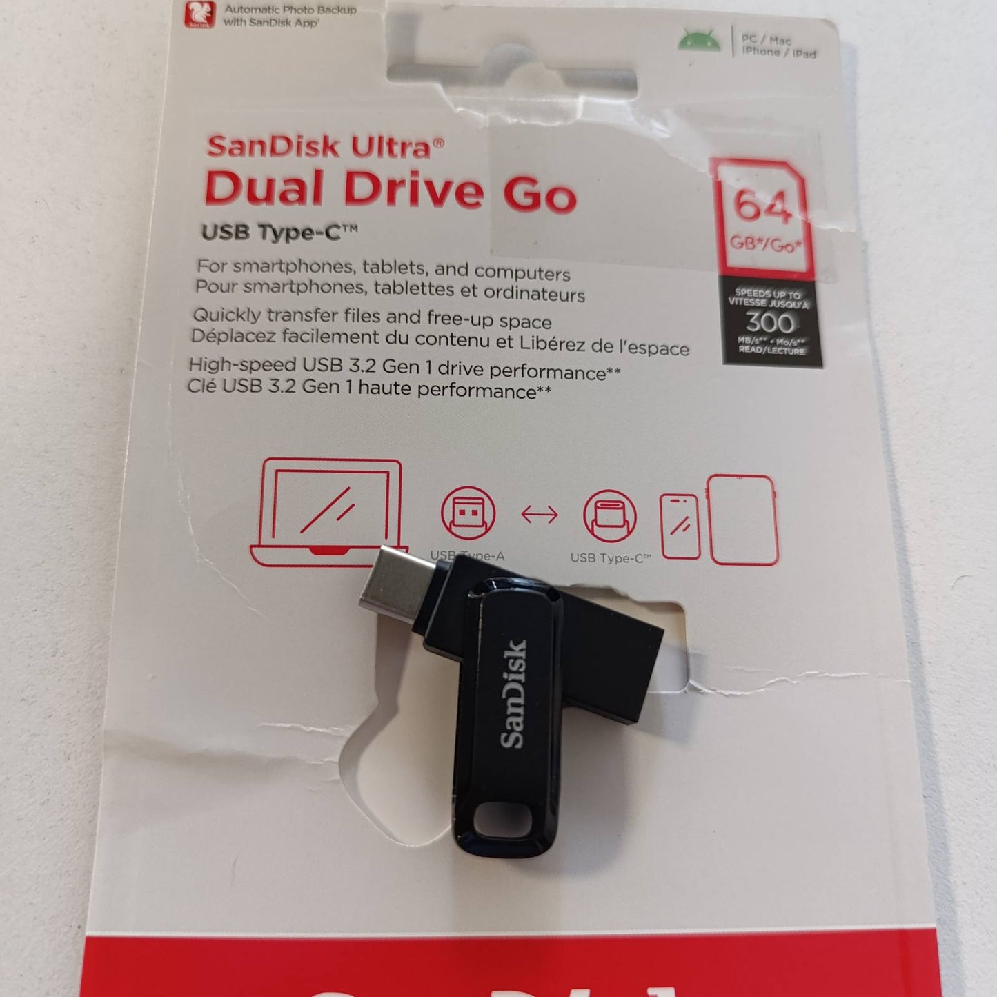 276835 - SANDISK Ultra Dual Drive Go, Memorie Flash 64GB, USB Type-C dhe Type-A, deri në 300MB/s, E zezë