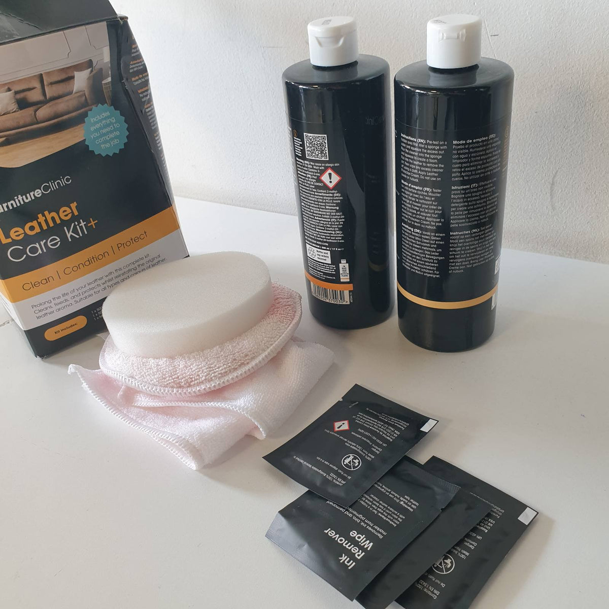 313059 - Klinika e Mobiljeve+ Kit i plotë për kujdesin e lëkurës me 500 ml Ultra Clean, zbutës lëkure dhe peceta për heqjen e bojës