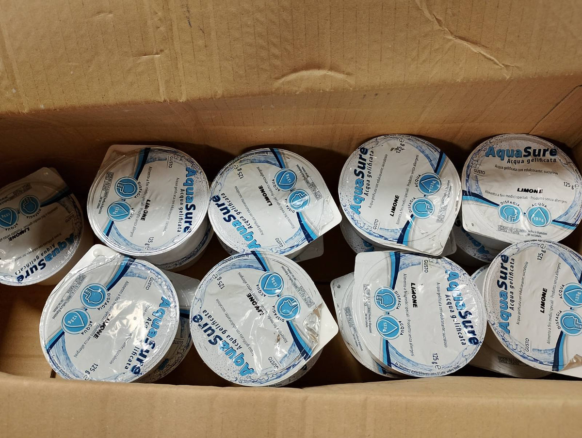 336358 - ABBOTT NUTRITION AquaSure, 24 Paketa x 125 g, Ujë i xhelit për menaxhimin dietik të subjekteve që vuajnë nga disfagia dhe probleme me gëlltitjen, Shije limoni
