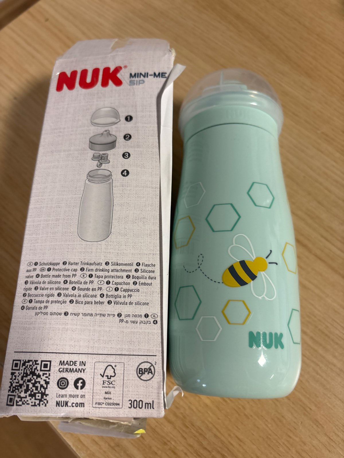 295358 - NUK Mini-Me Sip – Gotë për fëmijë me pipëz, 9+ muaj, 300 ml, shishe uji për fëmijë, me grykë të përforcuar kundër rrjedhjes, rezistente ndaj thyerjes – Mint Bee.