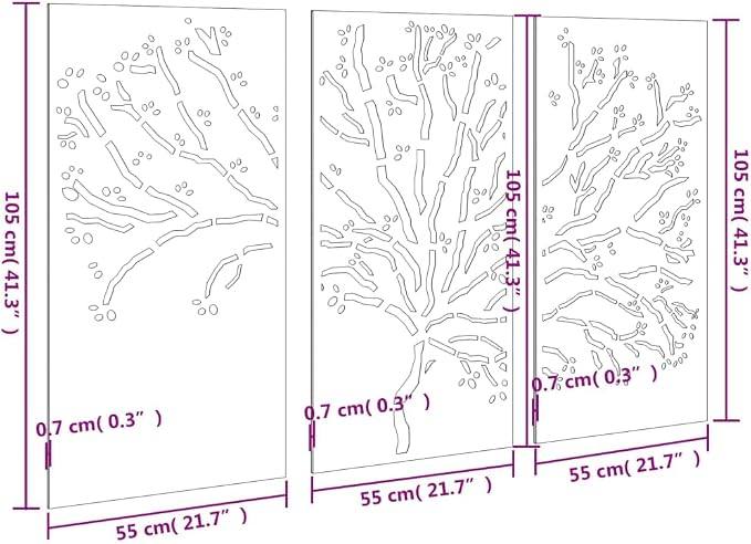 291460 - vidaXL Dekorime muri për kopsht, 3 copë, dizajn pemësh, me efekt ndryshku 105 × 55 cm