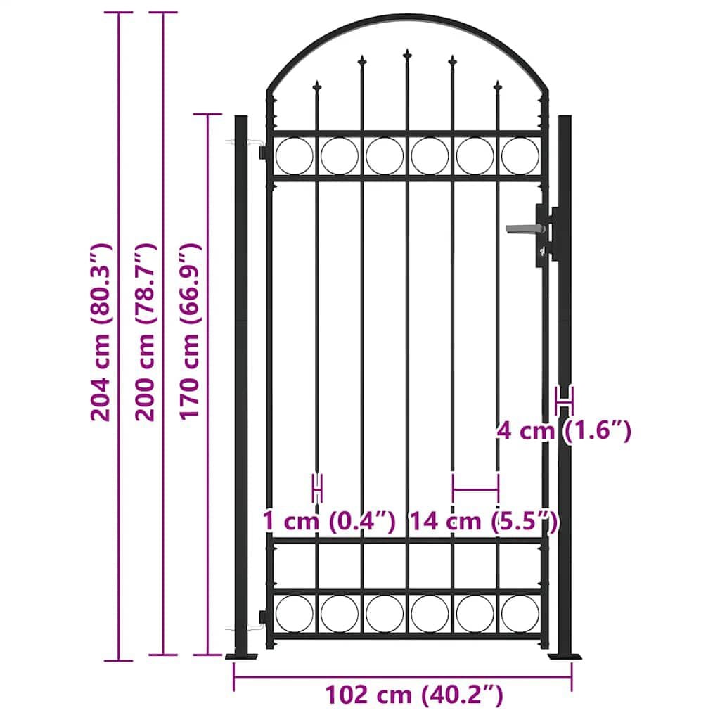 265012 - VIDAXL Portë Gardhi "ASSEN" me Sipërfaqe të Harkuar dhe 2 Shtylla 105x170 cm e Zezë