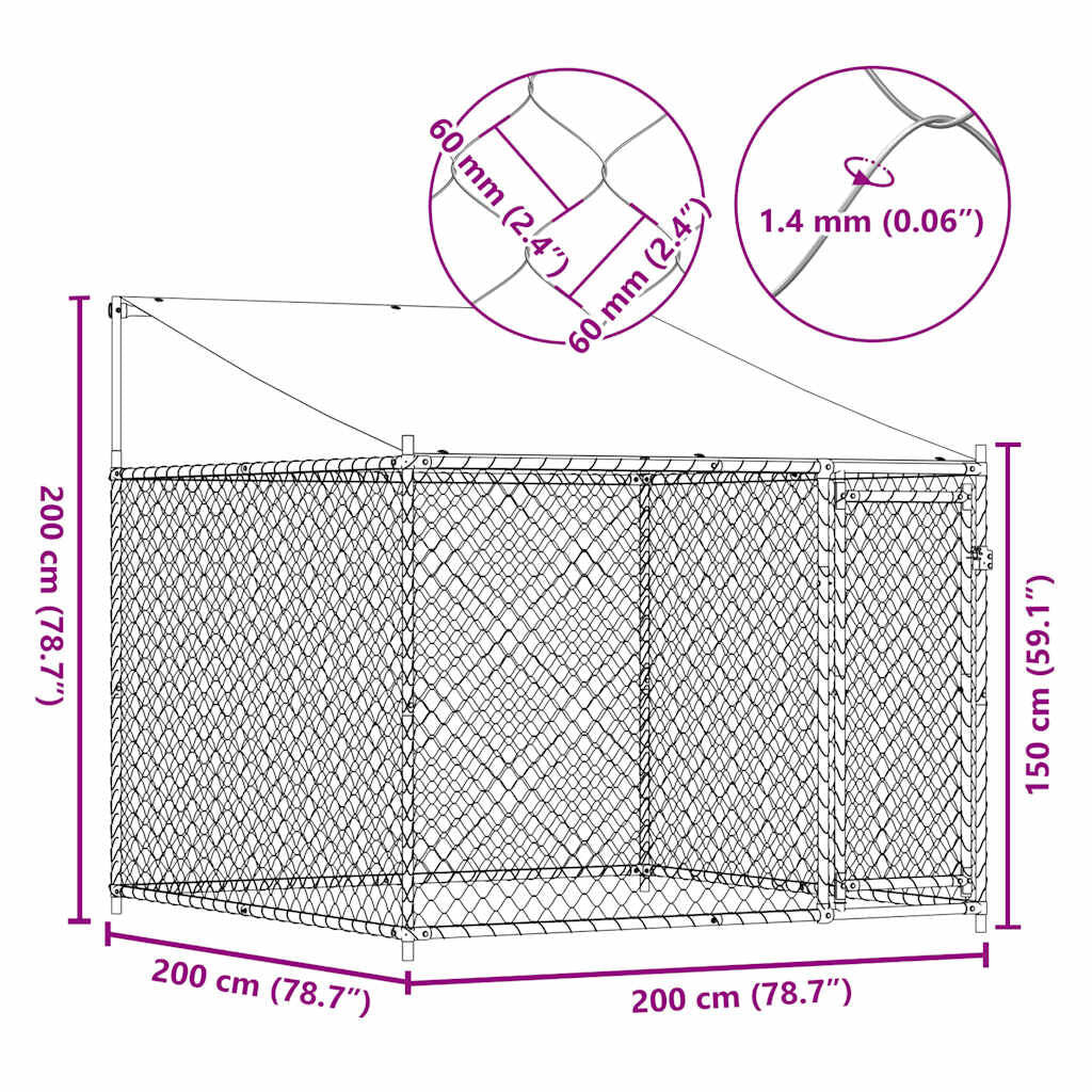 280056 - VIDA XL Kafaz Qeni me Çati dhe Derë Gri 2x2x2 m Çelik i Galvanizuar