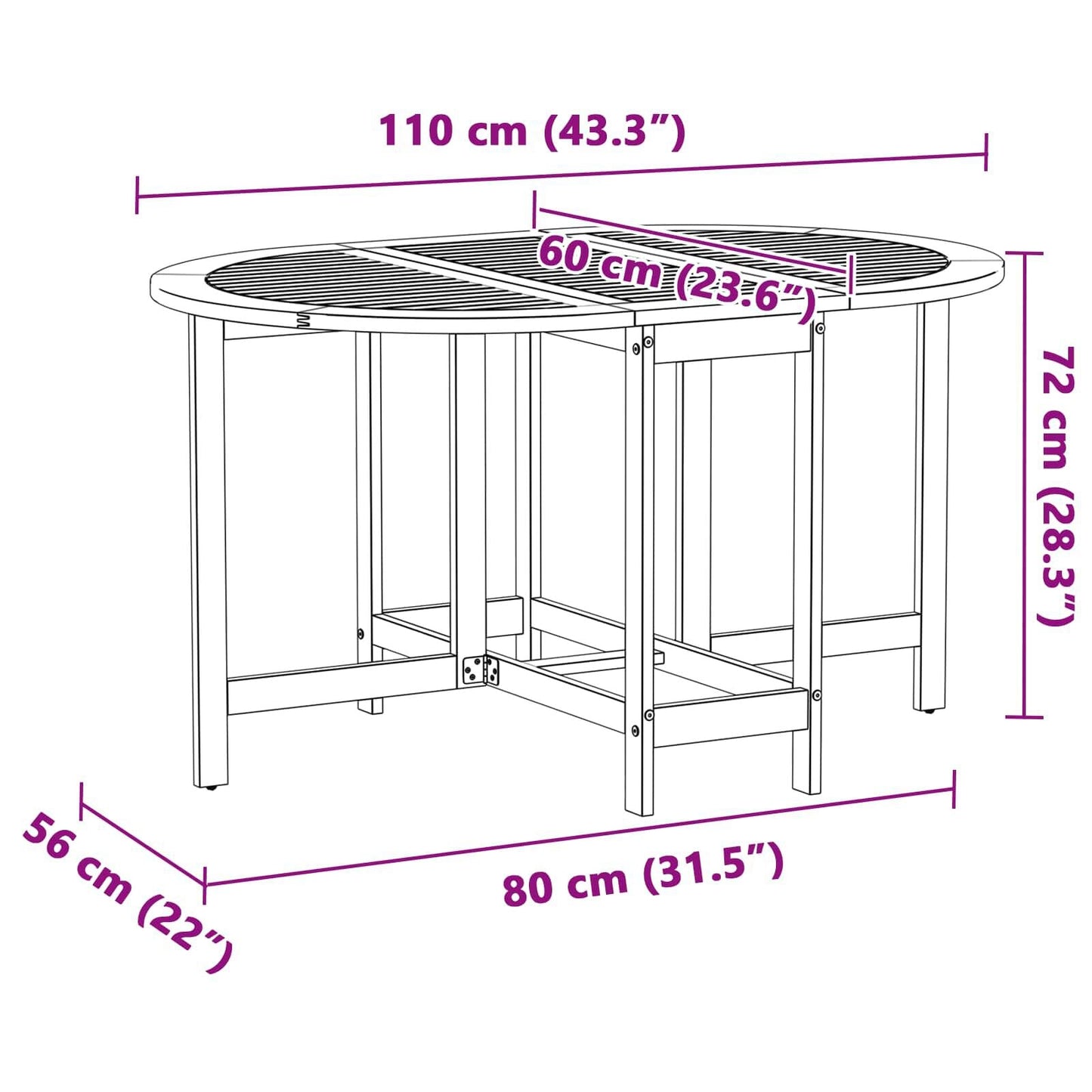 280362 - VIDAXL Tavolinë Kopshti me Palosje Fluturash 110x60x72 cm, Ovale Akazie prej Druri të Masturbuar