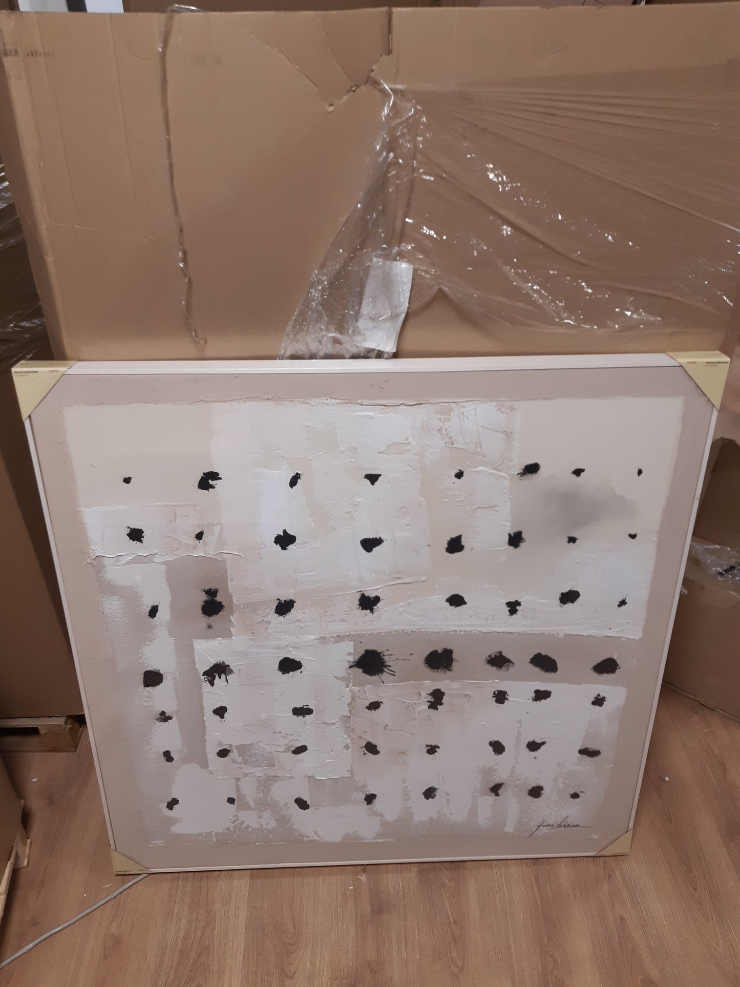 191009 - KARE DESIGN Art i Mureve Creative Dots, i Përpunuar Me Dorë, Kornizë Druri, Materiali Pambuk dhe Akrilik, Ngjyrë Bezhë, 120x120cm