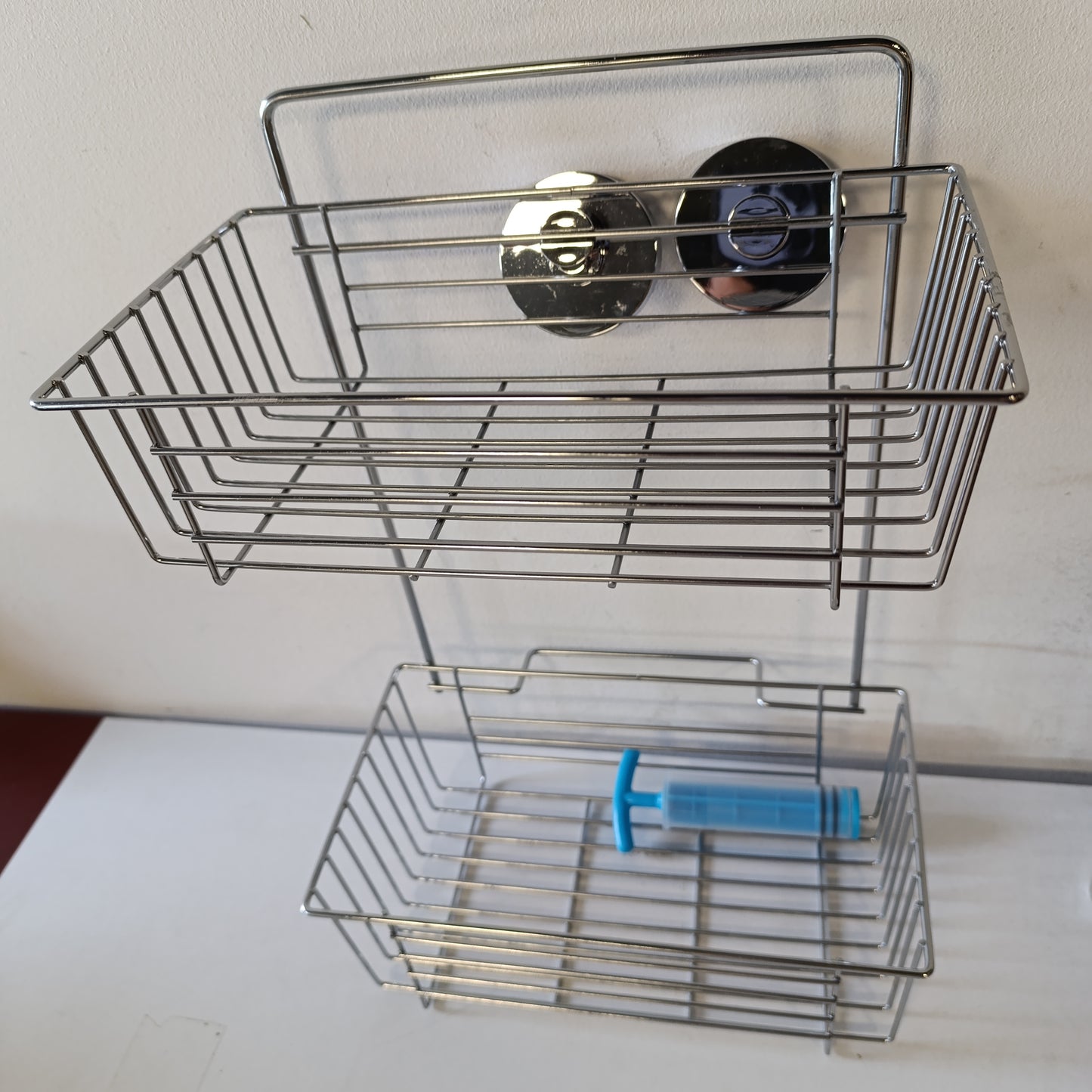 222261 - WENKO Raft Muri Model Bari, 2 Kate, Nuk Kërkohet Shpim, Raft Dushi me Montim me Vakum, Metal i Kromuar, 26 x 38 x 17 cm