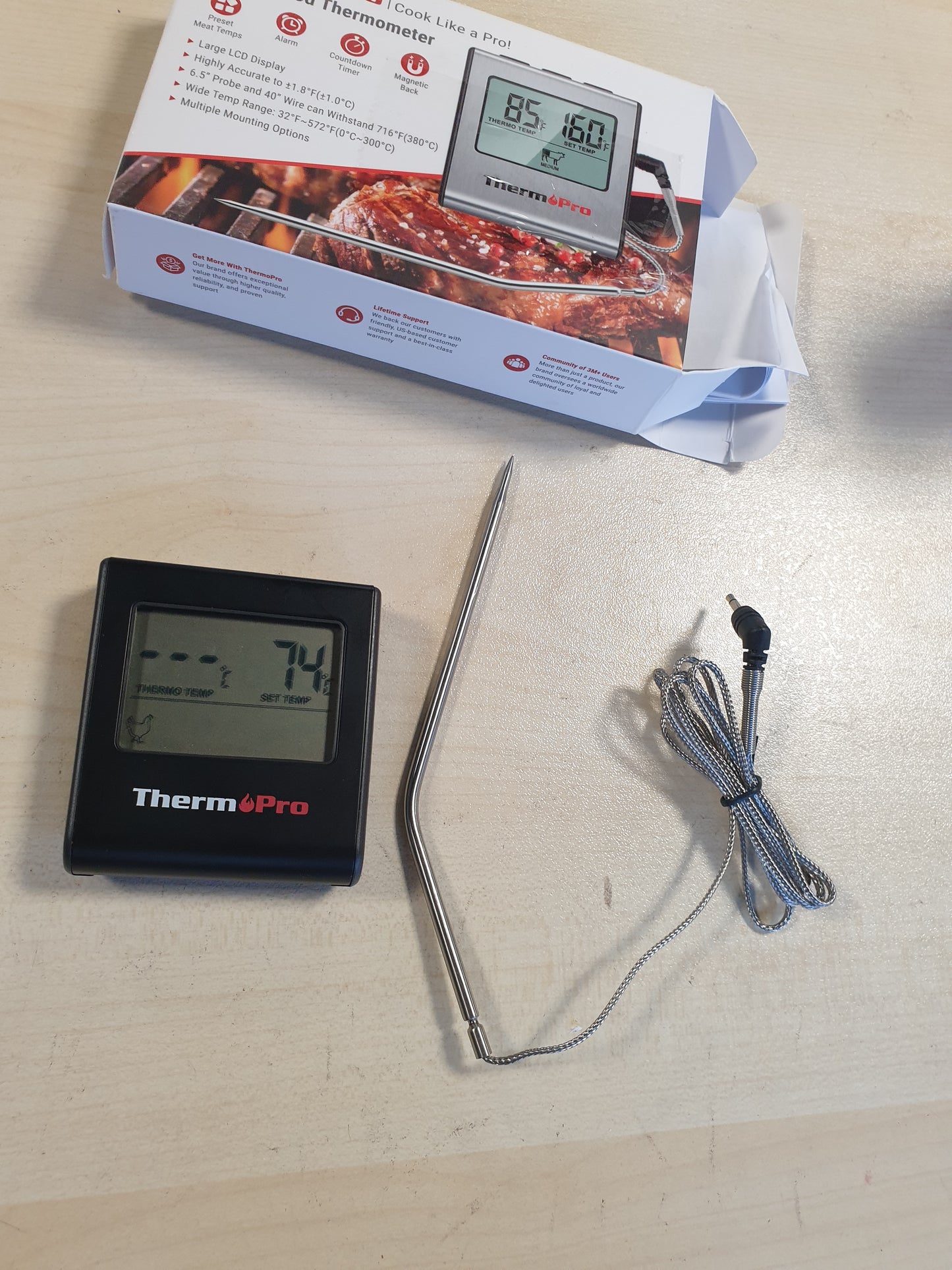 253112 - THERMOPRO Termometër dixhital për mish TP16, me kohëmatës për BBQ, i zi