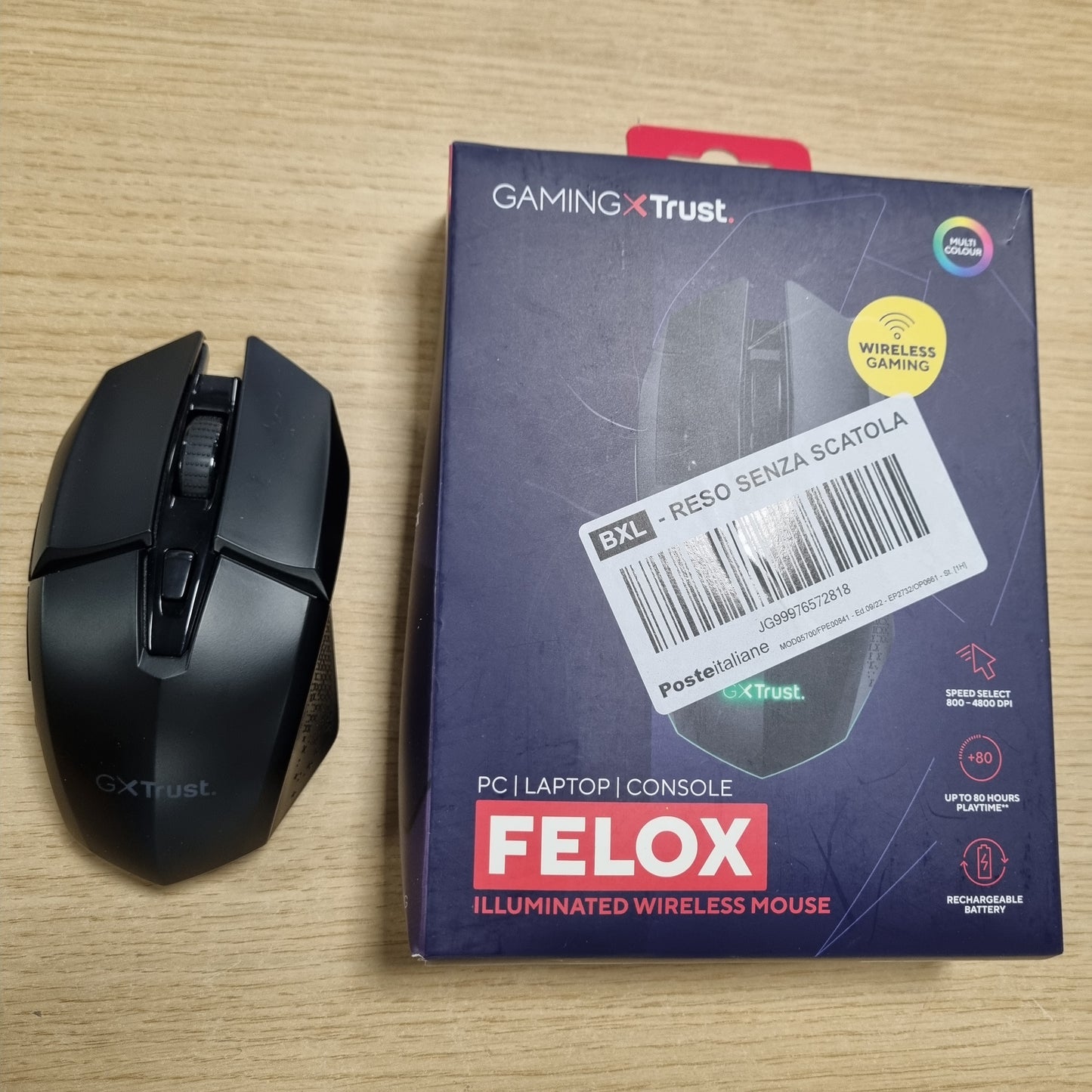 266770 - TRUST GAMING Maus pa tel GXT 110 Felox, 80 orë jetëgjatësi baterie, 800-4800 DPI, ndriçim LED, 6 butona, RGB, për kompjuter, laptop, Windows - i zi
