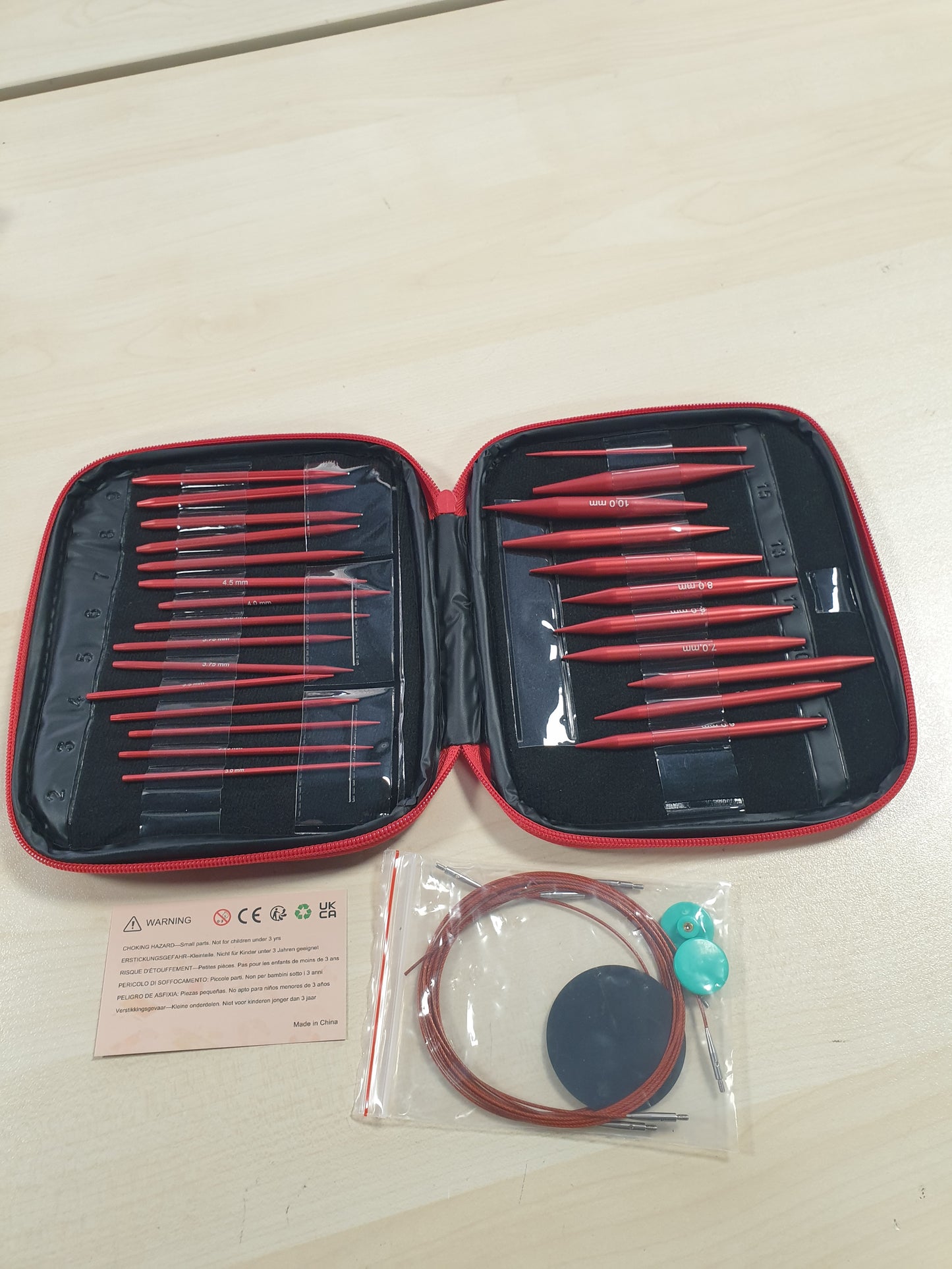 200049 - COOPAY Set Gjilpërash Thurjeje Rrethore të Ndërrueshme 3.0-10.0mm, Alumini, me Qese Ruajtjeje, Madhësi 40cm/60cm/80cm/100cm, e Kuqe Mat