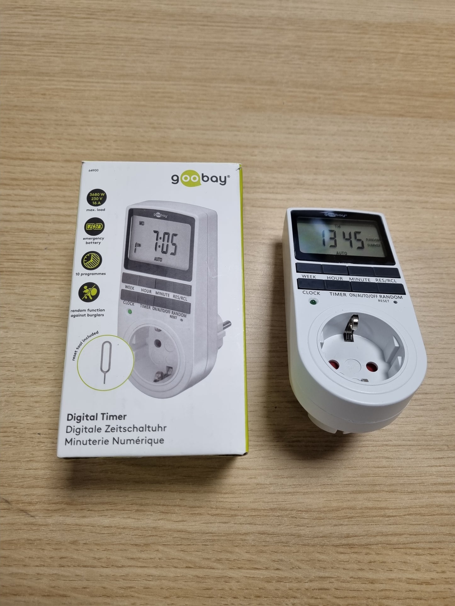 188211 - GOOBAY Kohëmatës Dixhital 64900 me 10 Programe Ditore dhe Modalitet të Rastësishëm Kundër Vjedhjes, i Programueshëm, Fuqi 3680W në 230 V (AC) dhe 16 A