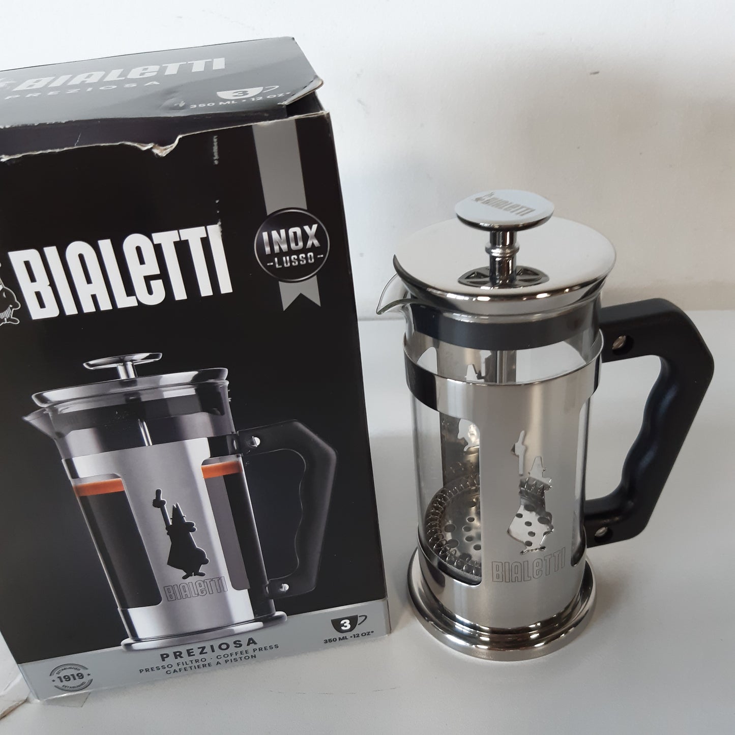 223797 - BIALETTI Presë kafeje Preziosa, filtër pistoni për kafe ose çaj, trup çeliku inox dhe enë qelqi borosilikat, e përshtatshme për lavastovilje, 350 ml, për 3 gota