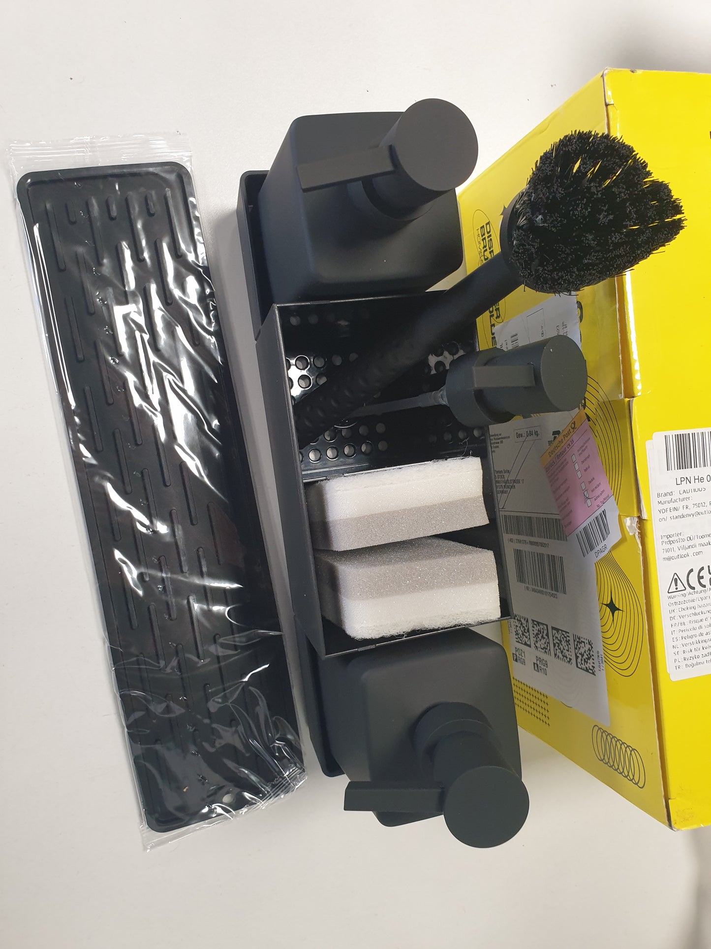 167756 - CAUTIOUS Dozator Sapuni 350ML, i Zi Mat, Organizues Lavamani, Dozator Sapuni për Enë, Dozator Sapuni Plastik për Kuzhinë, i Pajisur me Furçë dhe Sfungjer, 3 Koka Pompe.