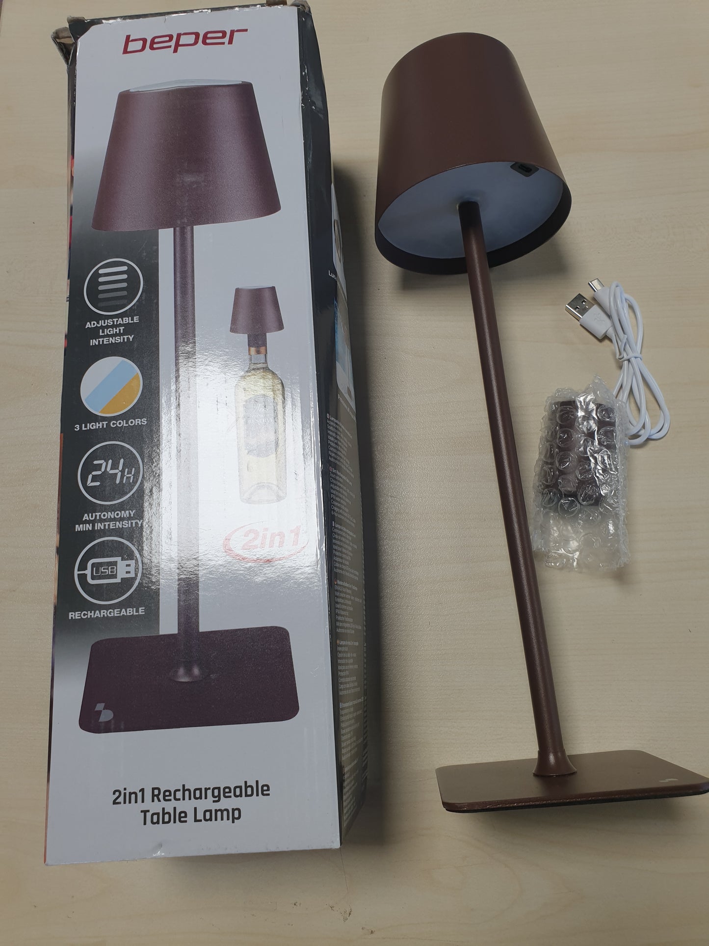 218609 - BEPER Llambë Tavoline Pa Tel 2-në-1, LED e Rikarikueshme USB, 2W, Corten