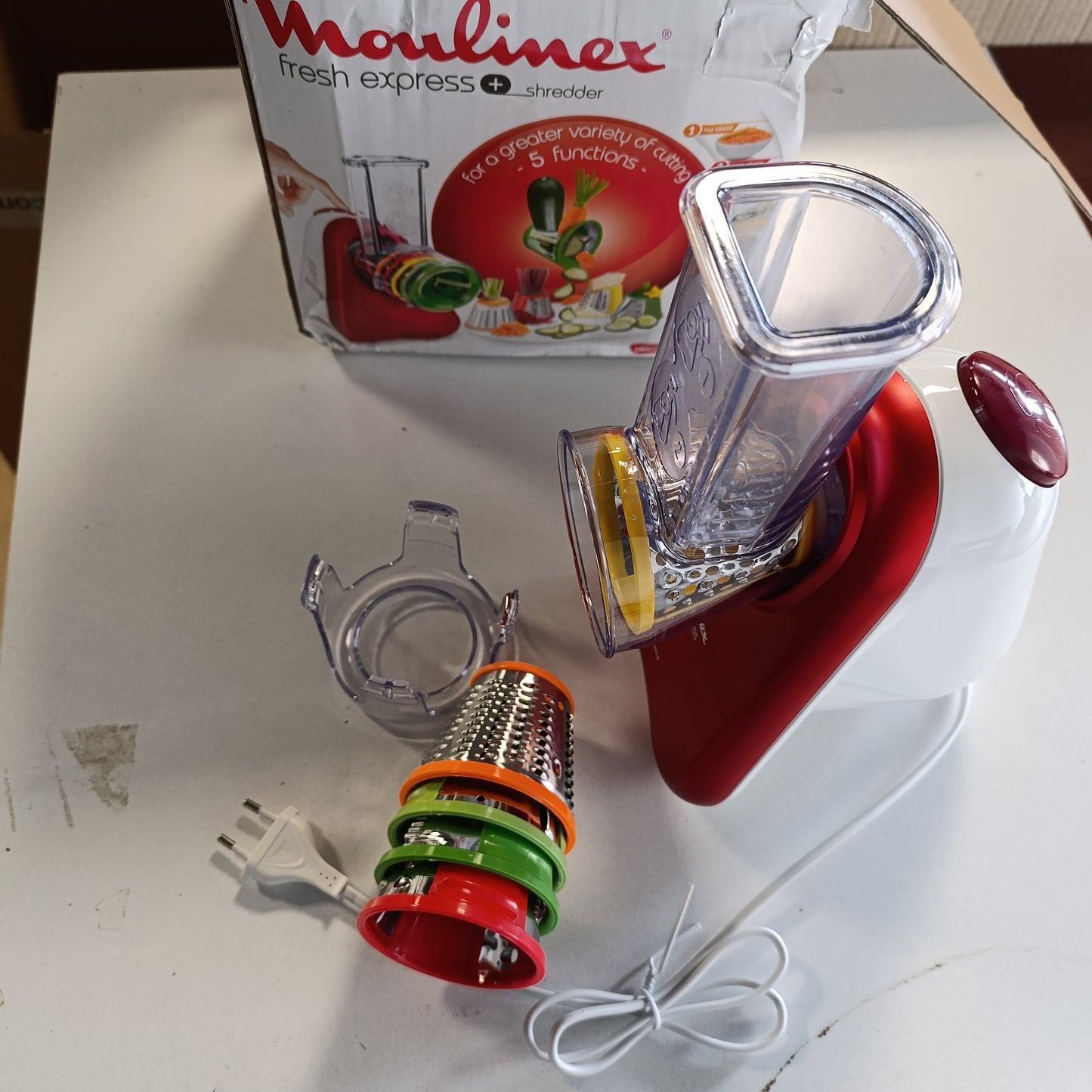 162240 - MOULINEX Rende dhe Prerëse Elektrike DJ755G10 Fresh Express Plus, 5 Funksione Prerjeje, 150 W, Kapacitet 1 L, Niveli i Zhurmes 1 Decibel, Material Plastike, Ngjyra e Kuqe