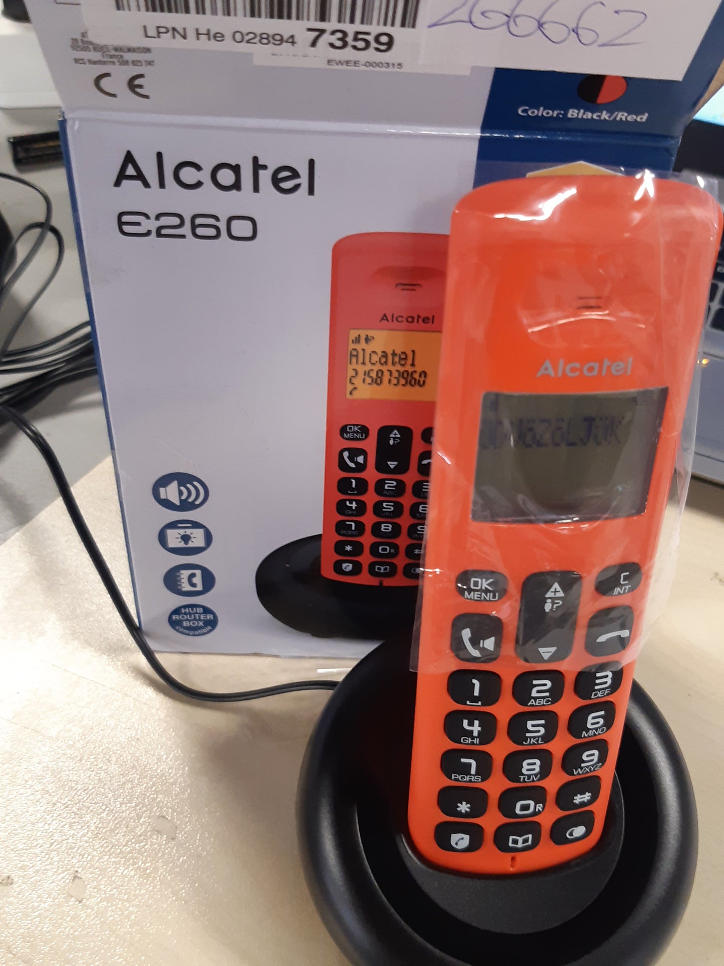 266662 - ALCATEL E260 - Telefon pa tel DECT, Dizajn kompakt, Ekran i madh me ndriçim nga prapa, Pa duar, Funksion bllokimi i thirrjeve të padëshiruara, E kuqe