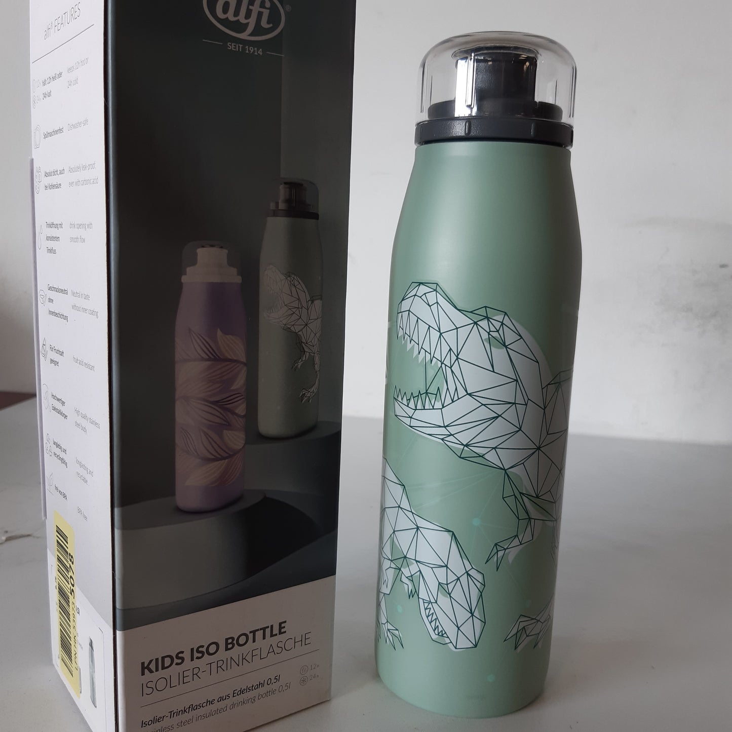 261805 - ALFI SHISHE KIDS ISO 500ml, Dinos, çelik inox, e papërshkueshme nga rrjedhjet, kapak me vidë, mban pijet të ngrohta për 12 orë, të ftohta për 24 orë, pa BPA