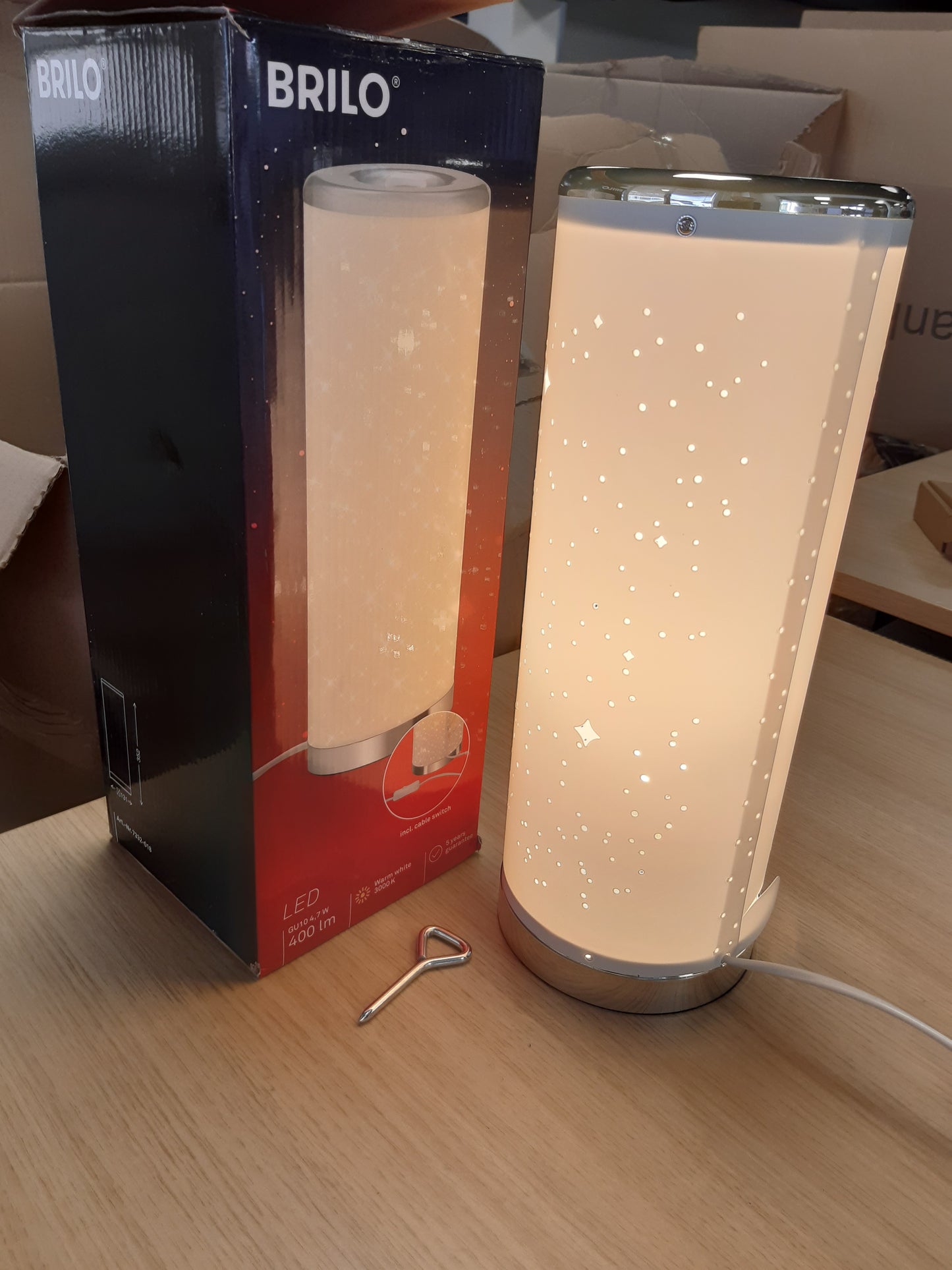 197201 - BRILONER LEUCHTEN - Llambë Tavoline LED me Efekt Ylli, Përfshin Çelës me Kabllo, 5 Vat, 400 Lumen, 3,000 Kelvin, Materiali Krom i Bardhë, Madhësi 352x131 mm (L x Th), Modeli 7332-018