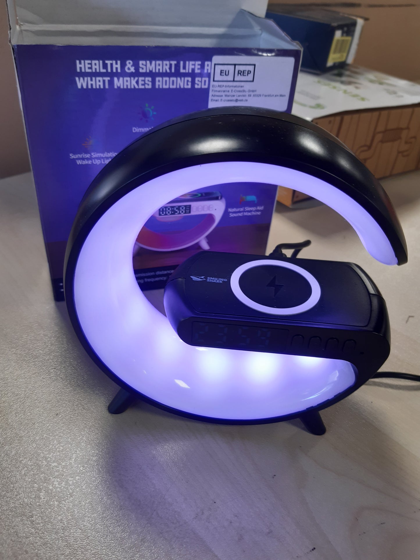 199584 - DRITË ORE ALARMI PESHKAQENI QESHUR, Llambë Atmosferike, Karikues Pa Tel, Altoparlant Bluetooth, Simulim Lindjeje Dielli, 10 Mënyra Drite, Drita LED Inteligjente për Dekorim Shtëpie