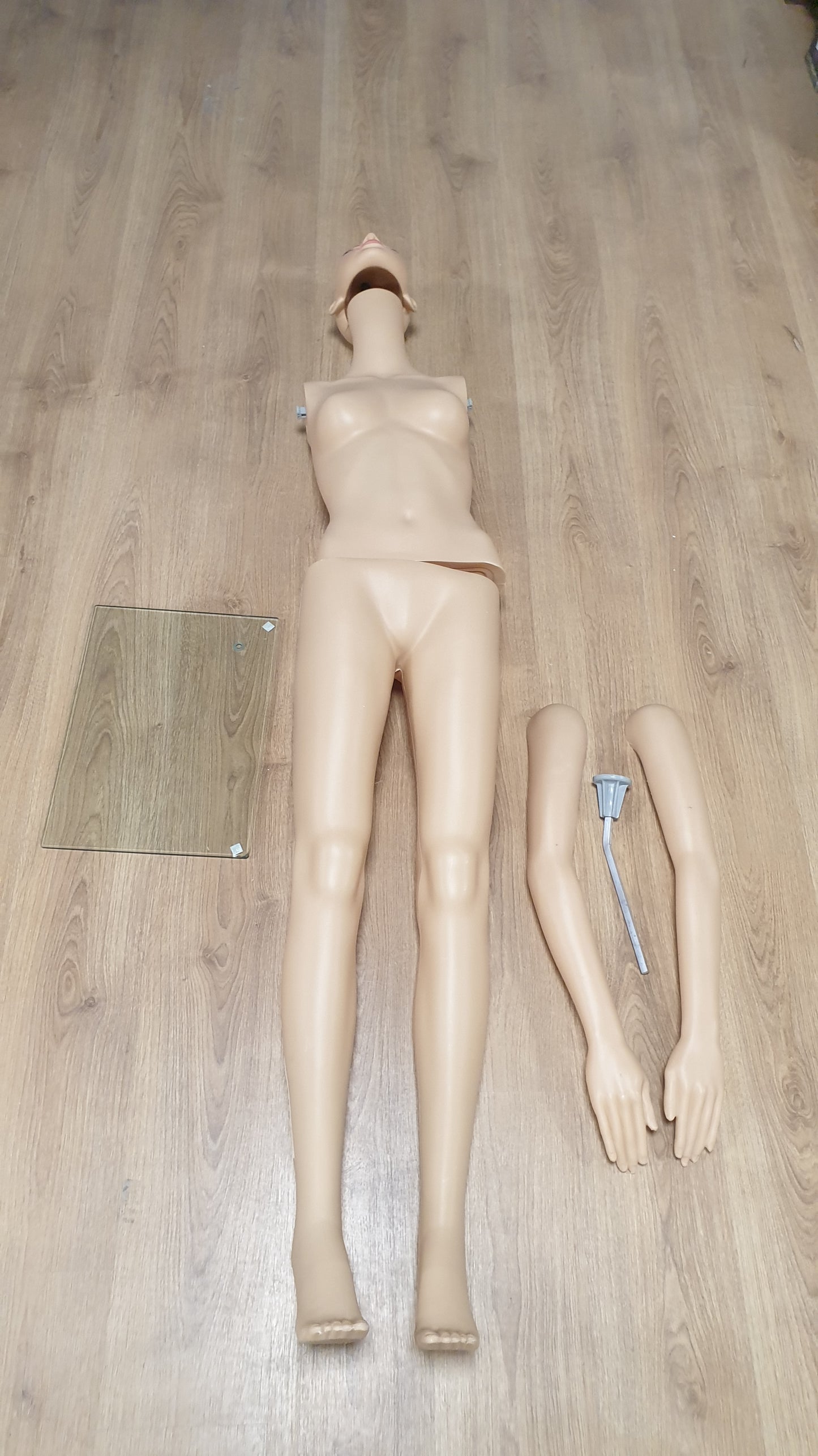 217088 - RELAXDAYS Vitrinë për Manekin Femëror 175 cm, Krahë dhe Kokë të Lëvizshme, Qepje, Bazë Qelqi, Plastikë, Bezhë, 175 x 42 x 30 cm