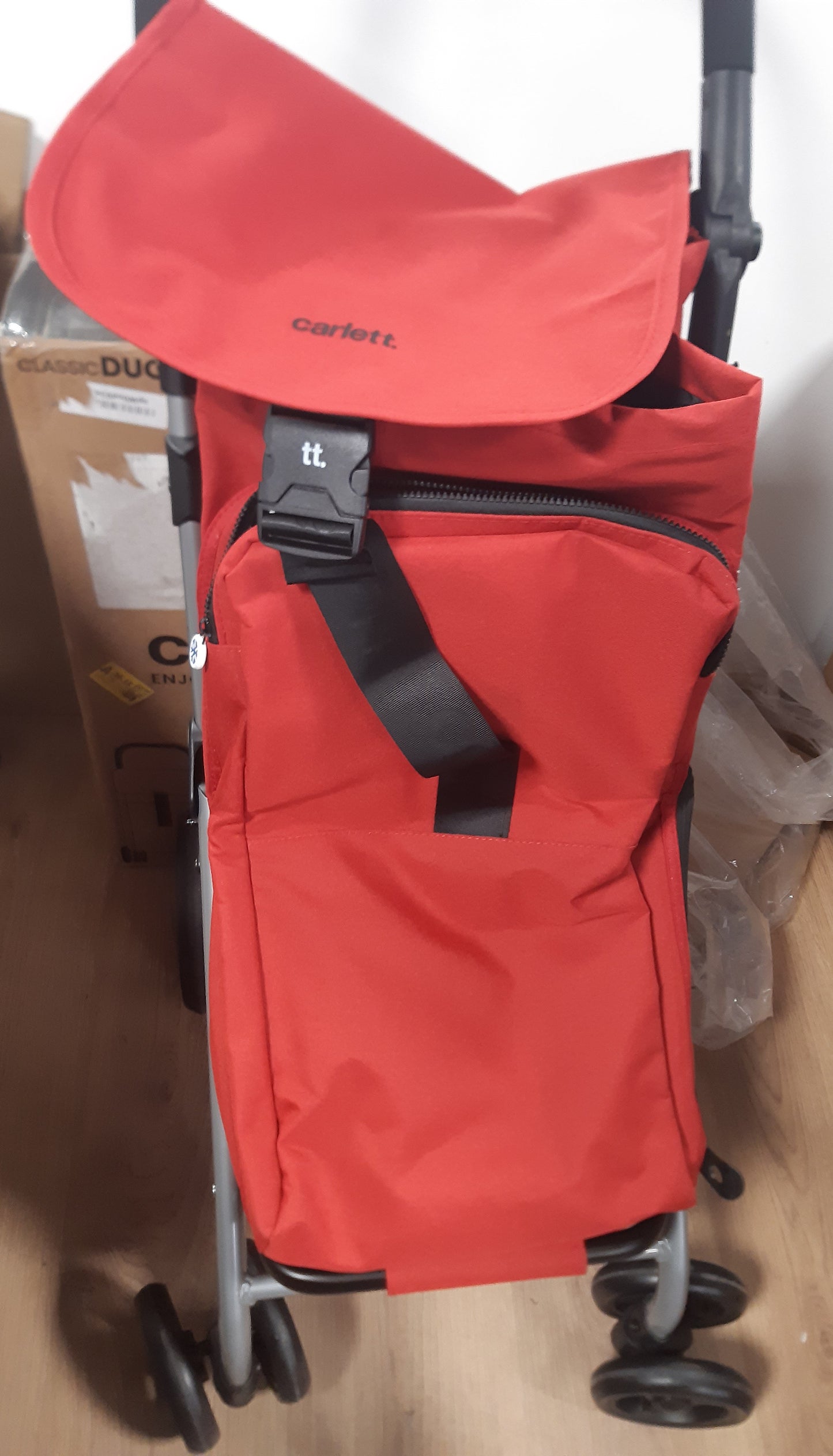 175038 - CARLETT - Karrocë Pazari Classic Duo Lett430 me 4 Rrota, Dorëzë dhe Fren Sigurie e Rregullueshme, Çantë e Zgjerueshme 53L + Çantë e Izoluar 10L, e Palosshme, e Kuqe