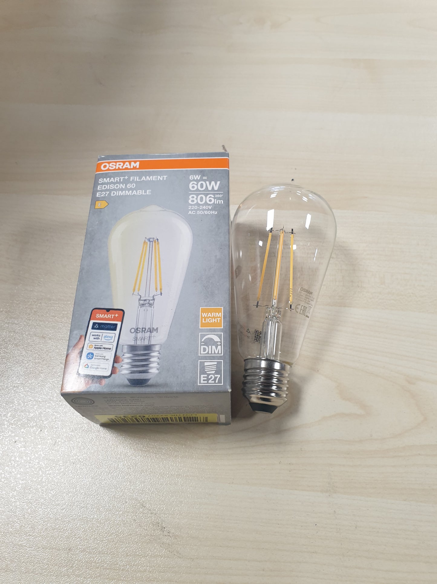 215832 - OSRAM Llambë LED Edison, formë llambë E27, e bardhë e ngrohtë 2700 K, e errësueshme, kontroll aplikacioni, e pajtueshme me Alexa dhe Google