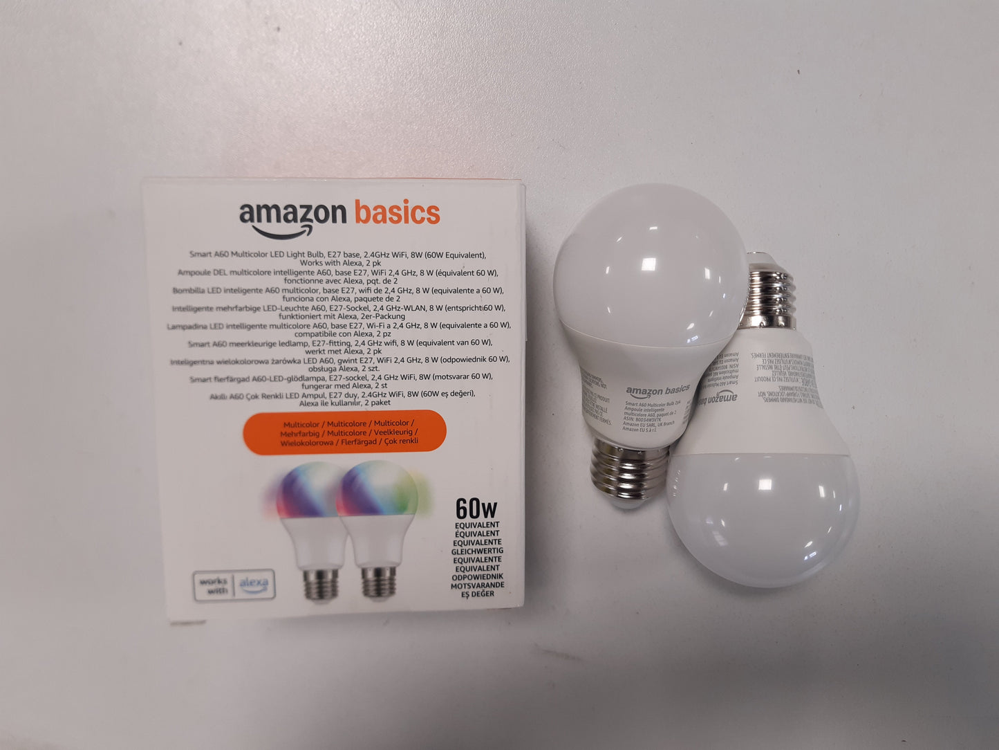 179413 - AMAZON BASICS Llambë LED Inteligjente E27, 8W (Ekuivalente me 60W), Ndryshon Ngjyrë, Funksionon Vetëm me Alexa, Pako Prej 2, Shumëngjyrëshe