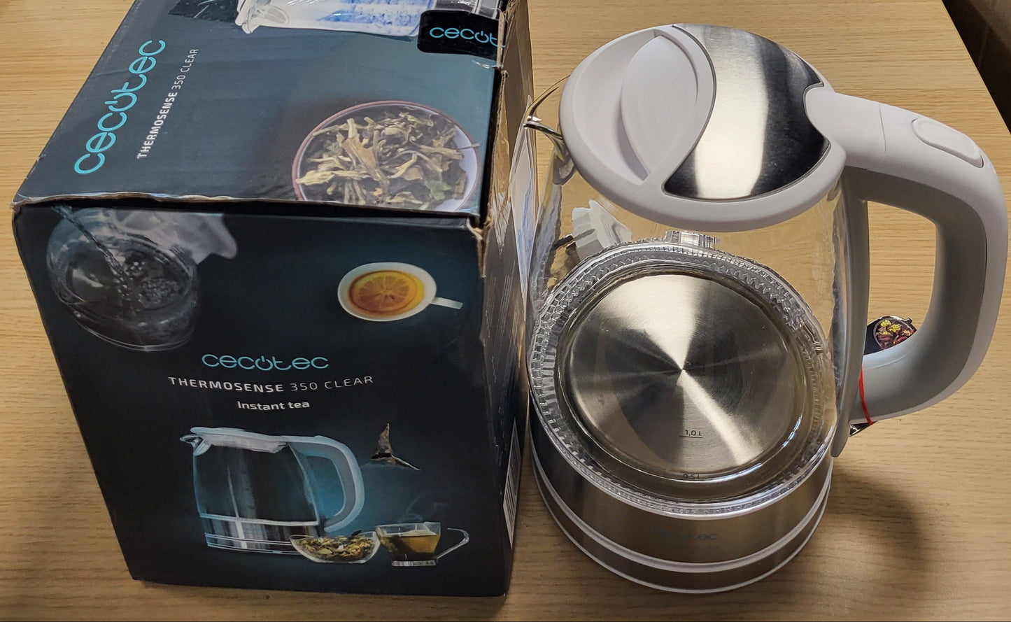 162797 - CECOTEC ThermoSense 350 - Çajnik Elektrik Transparent, 1.7 Litra, Pa BPA, 2200 W, Bazë 360º, Filtër Kundër Gëlqeres, Sistem Sigurie i Dyfishtë, Qelq Borosilikat