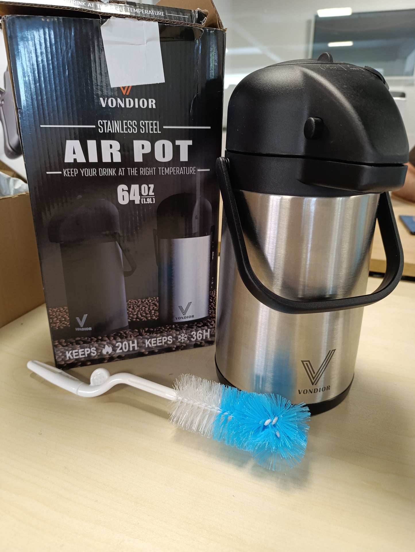 255590 - VONDIOR Karafë kafeje me pompë 1.9 litra, çelik inox, termos profesional, i përshtatshëm për pije festive
