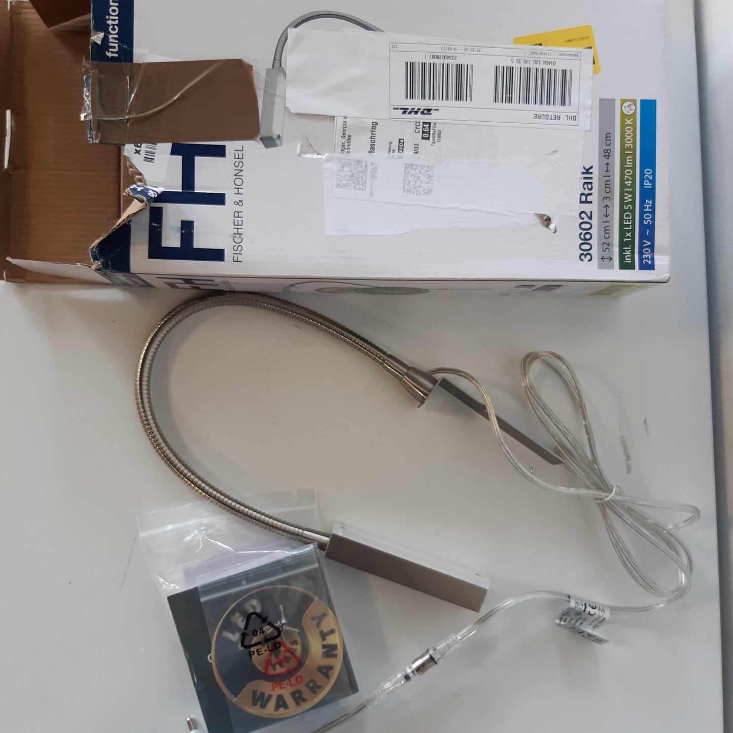 255150 - FISCHER & HONSEL | Llambë fleksibël për natën Raik | Me errësim dhe kontroll me gjeste | 1 x LED 5 vat, 3000 Kelvin, 470 lumen | Klasa e efikasitetit të energjisë: F | 30602, e bardhë