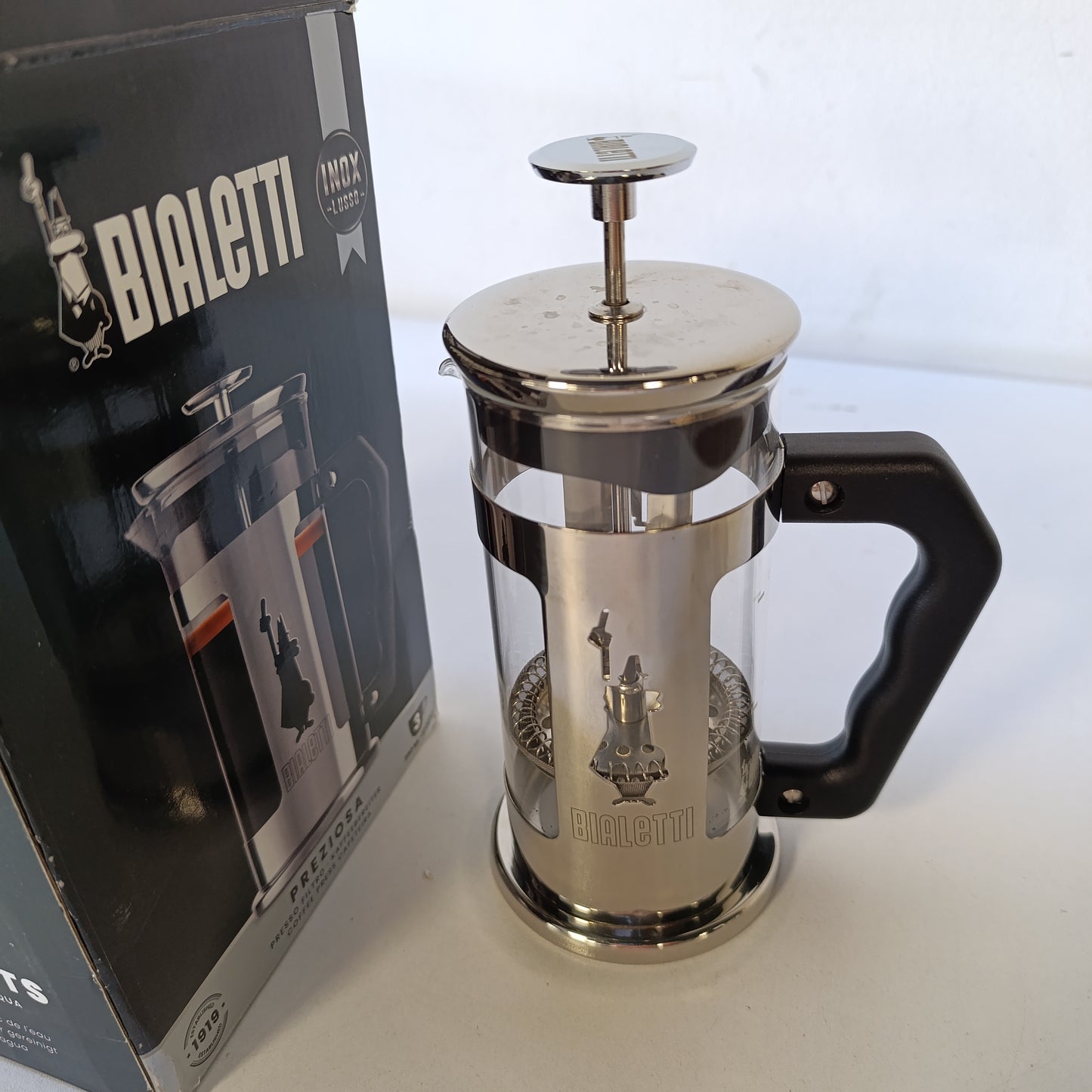 223796 - BIALETTI Presë kafeje Preziosa, filtër pistoni për kafe ose çaj, trup çeliku inox dhe enë qelqi borosilikat, e përshtatshme për lavastovilje, 350 ml, për 3 gota