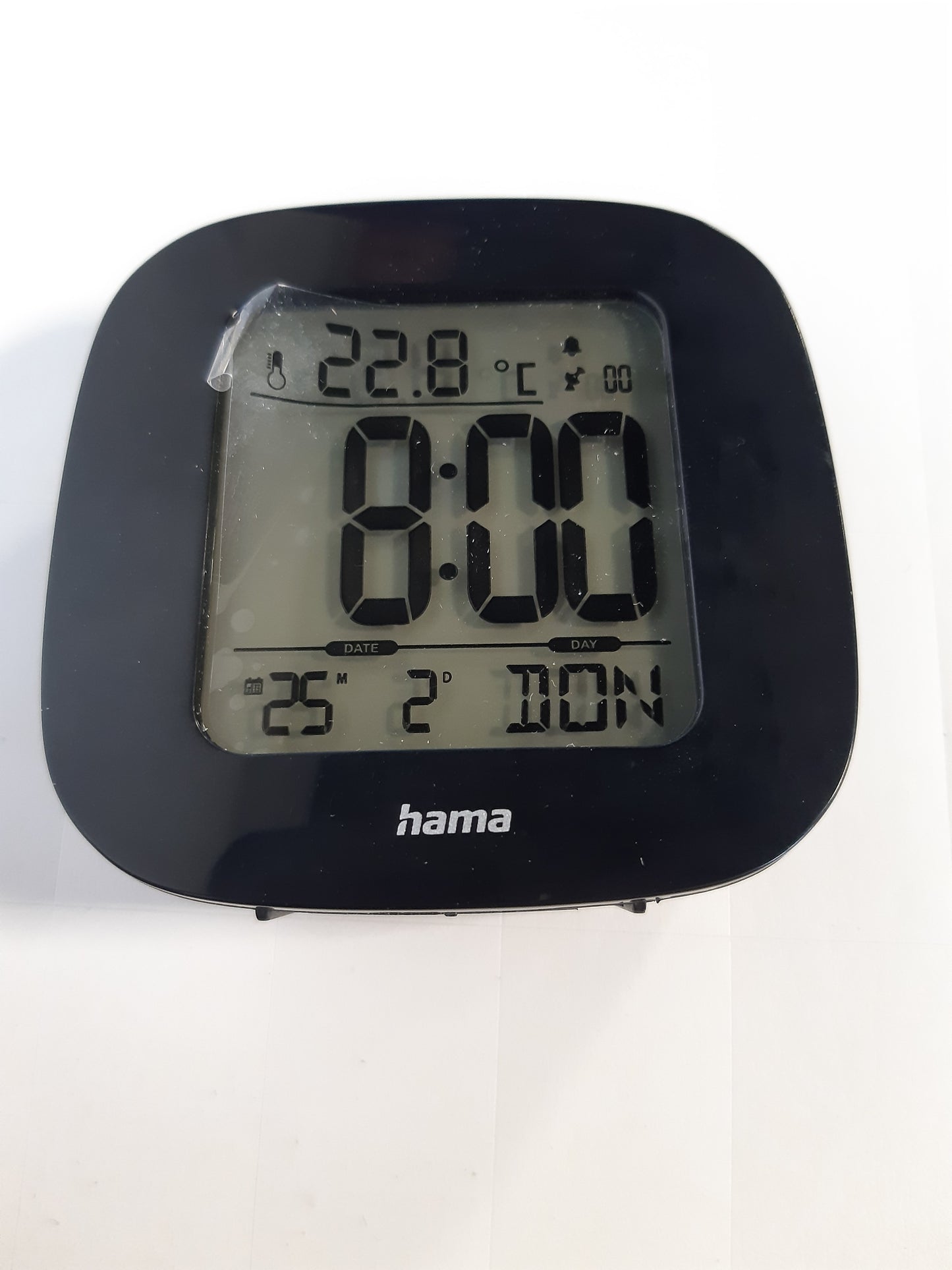 233645 - HAMA Orë dixhitale me alarm LCD, kontrolluar nga radio DCF, Alarm me përshpejtim, Datë, Temperaturë, Ndriçim prapa LED blu, Orë kompakte me alarm udhëtimi, e zezë