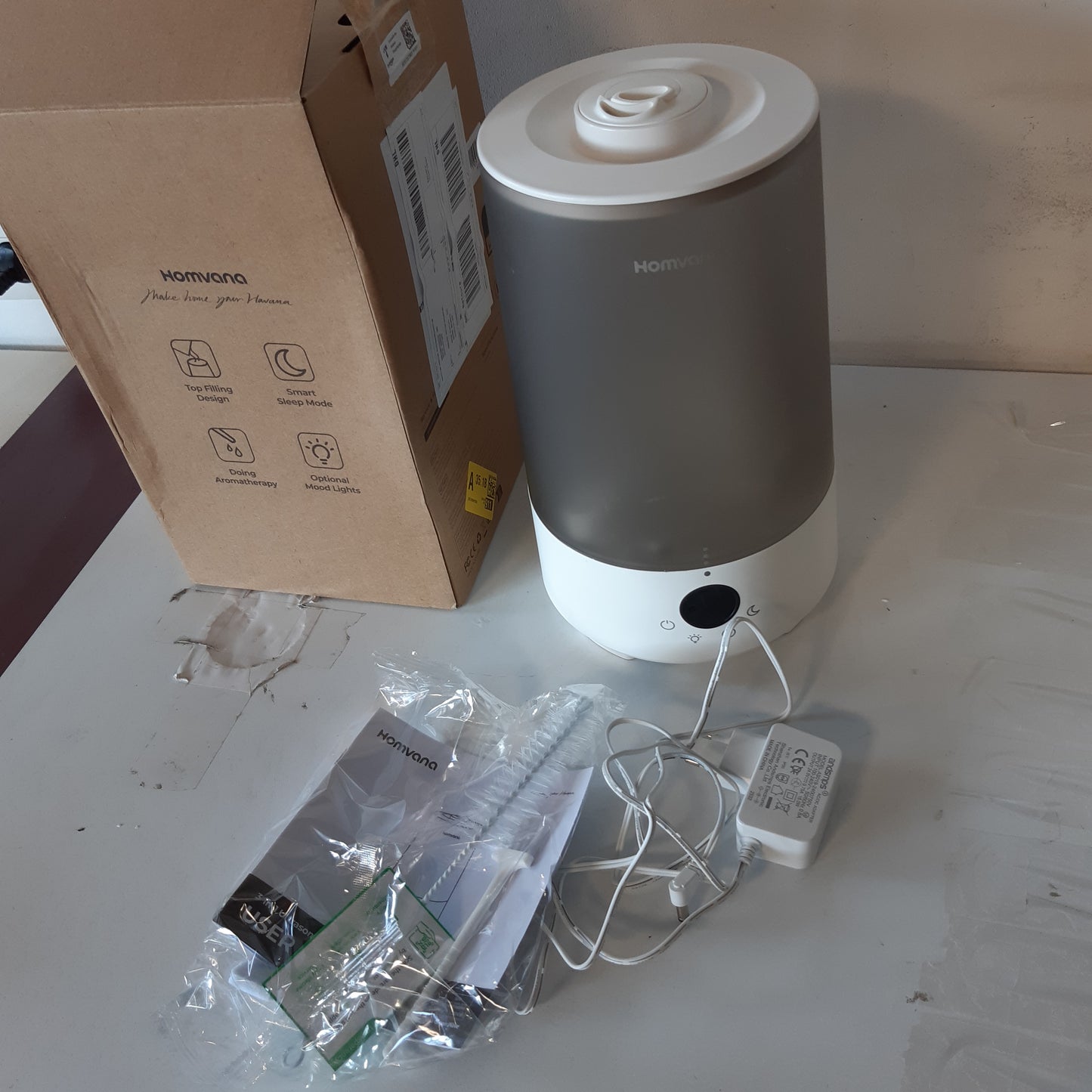 213805 - HOMVANA Lagështues ajri për fëmijë, 3.6L Cool Mist me mbushje nga sipër, i heshtur 16dB, 34 orë, pa BPA, dritë me 7 ngjyra, difuzor (gri)