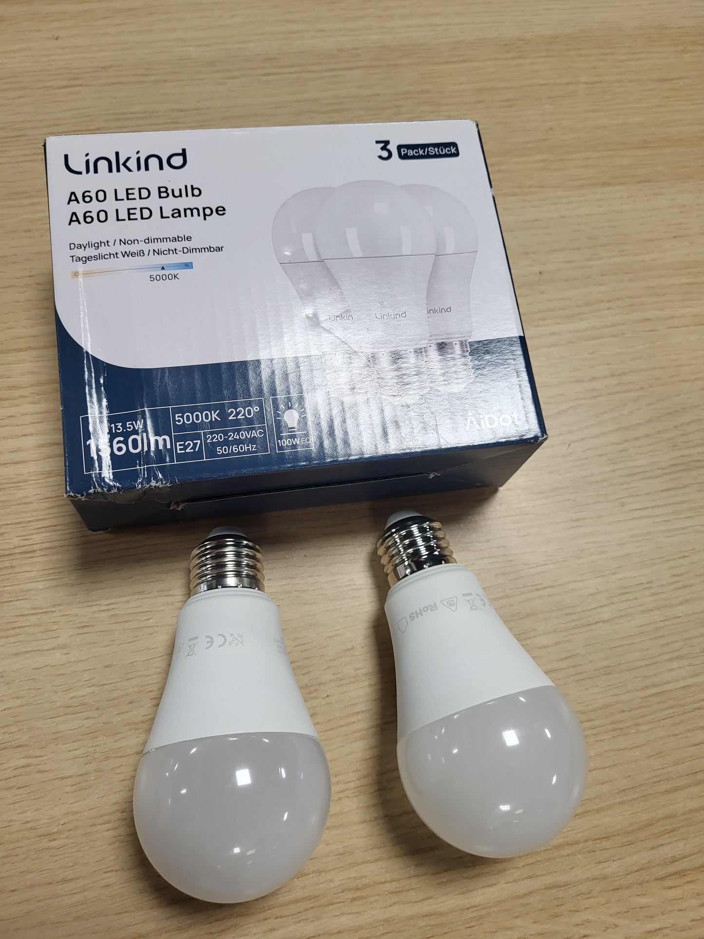 216255 - LINKIND Llambë 13.5W E27 - Zëvendëson 100W, 5000K të Bardhë Dite, 1560LM A60, Pa Errësim, Pako me 2