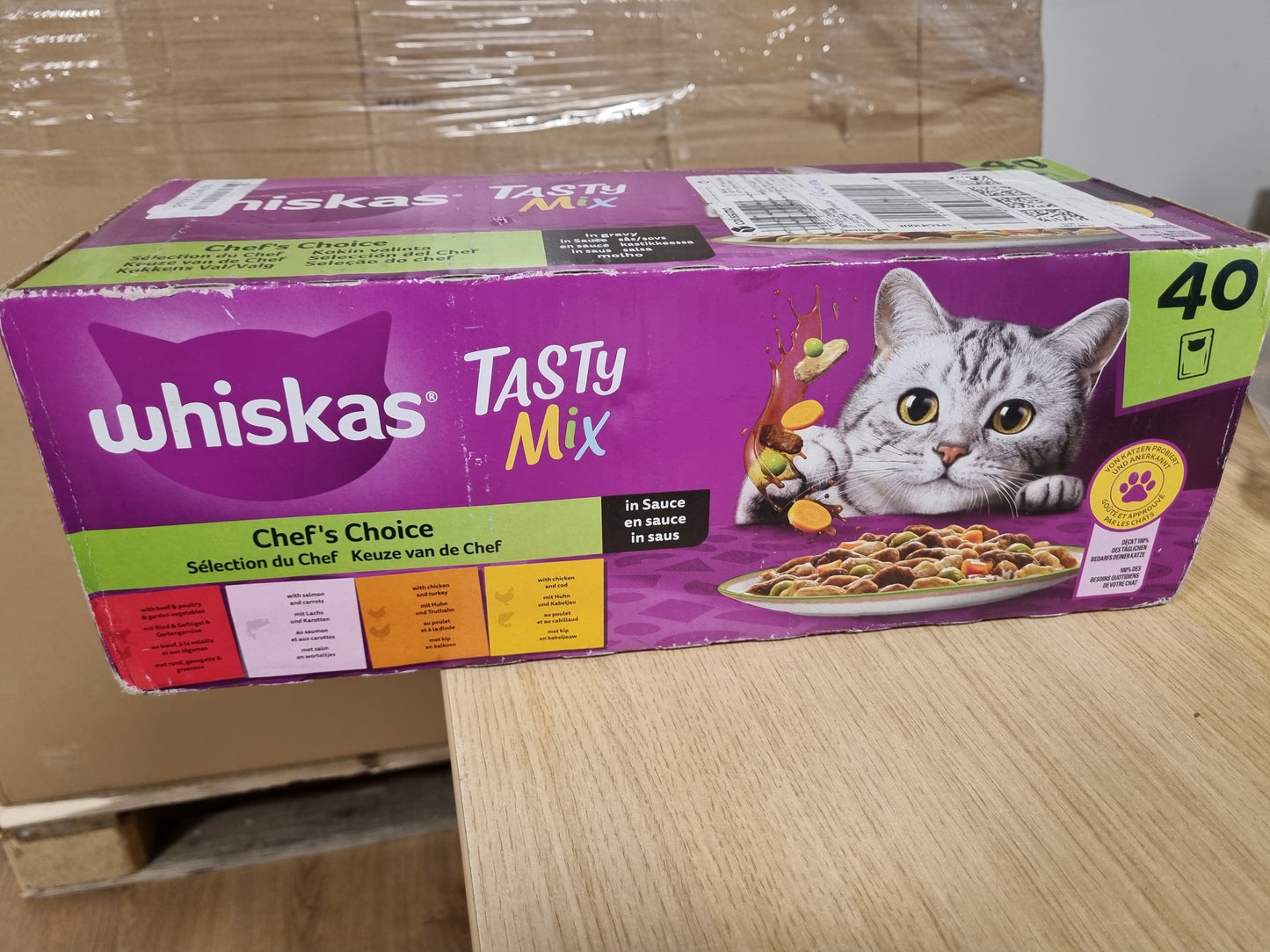 222163 - Ushqim i lagësht WHISKAS TASTY MIX në salcë për macet e rritura 40x85g