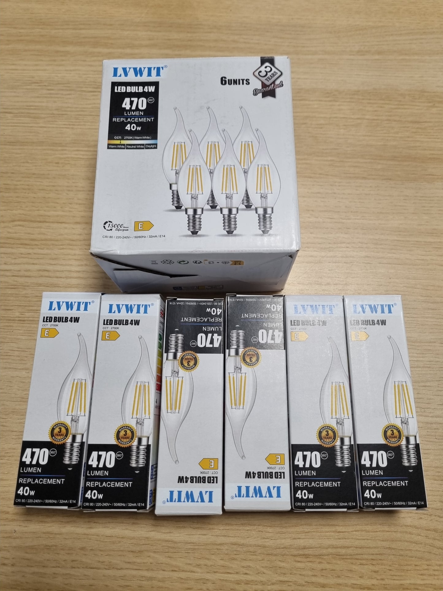 210755 - LVWIT Llampa LED E14, Dritë e Ngrohtë 2700K, 4W Ekuivalente me 40W, 470LM, Stil Vintage Retro, Kursim Energjie, Pa Errësim, Pako me 6 Njësi