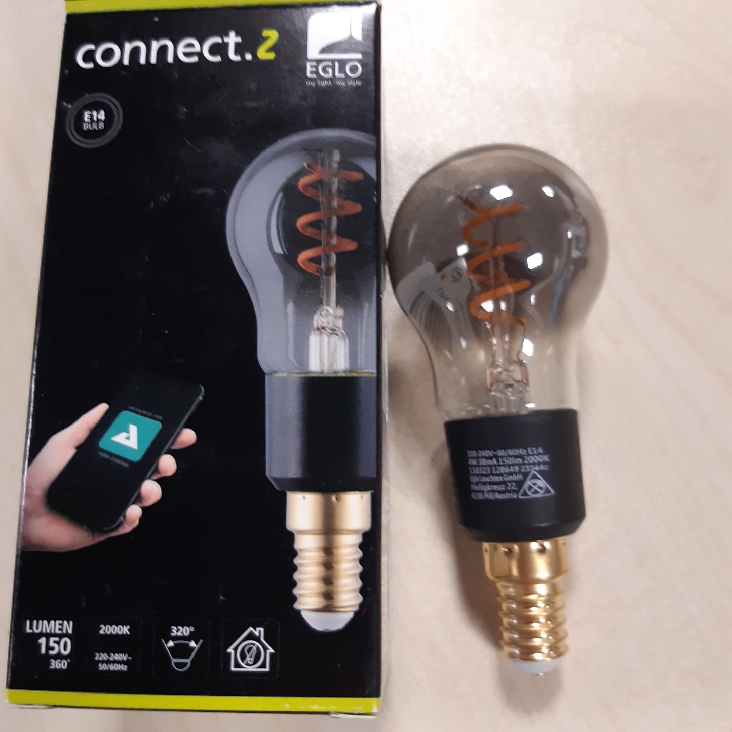 252645 - EGLO connect.z Llambë dekorative LED për shtëpi inteligjente E14, P45, ZigBee, Kontroll zanor me aplikacion dhe Alexa, me errësim, e bardhë e ngrohtë, 4 vat, llambë qelqi e tymosur klasike, e zezë