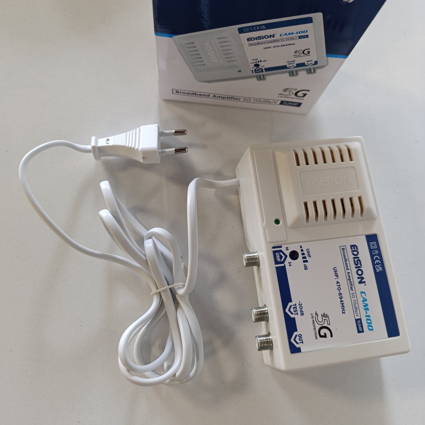 268420 - EDISION Amplifikator CAM-100, 1UHF, 18-34dB i rregullueshëm, 115dBmV, për tokësor DVB-T/T2, Filtër 5G LTE, UHF 470-694MHz