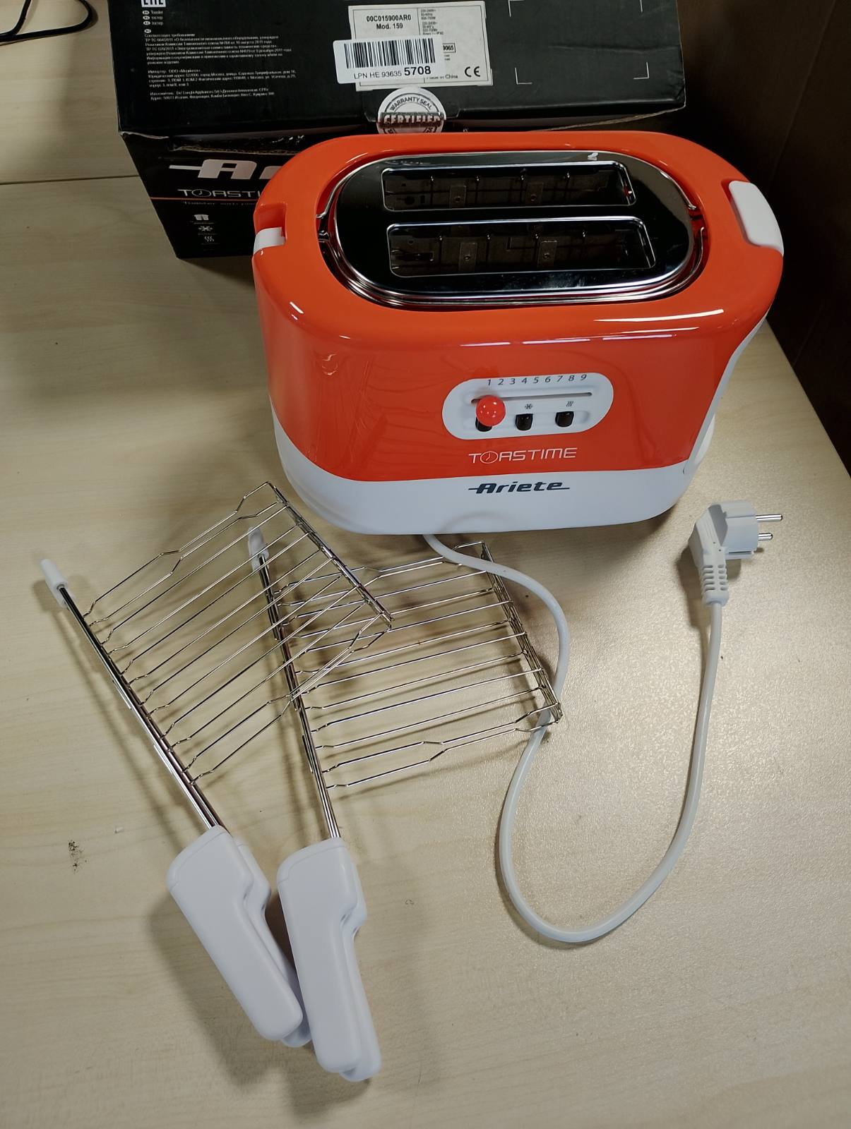 162441 - ARIETE 159 Toastime - Toster për 2 Feta Bukë me 9 Nivele Skuqjeje, 700V, Ngjyra e Bardhë dhe Portokalli