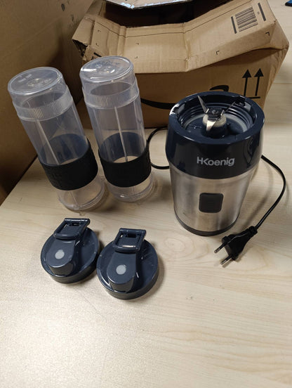 162525 - H.KOENIG Makinë për Përgatitjen e Smoothie-ve Mini, Blender Elektrik Portativ dhe Kompakt, Kapacitet 570mL, Modeli SMOO9, Pa BPA, Fuqi 300W, Përfshin 2 Shishe Portative, Materiali: Çelik Inox, Ngjyra: Argjend/E Zezë