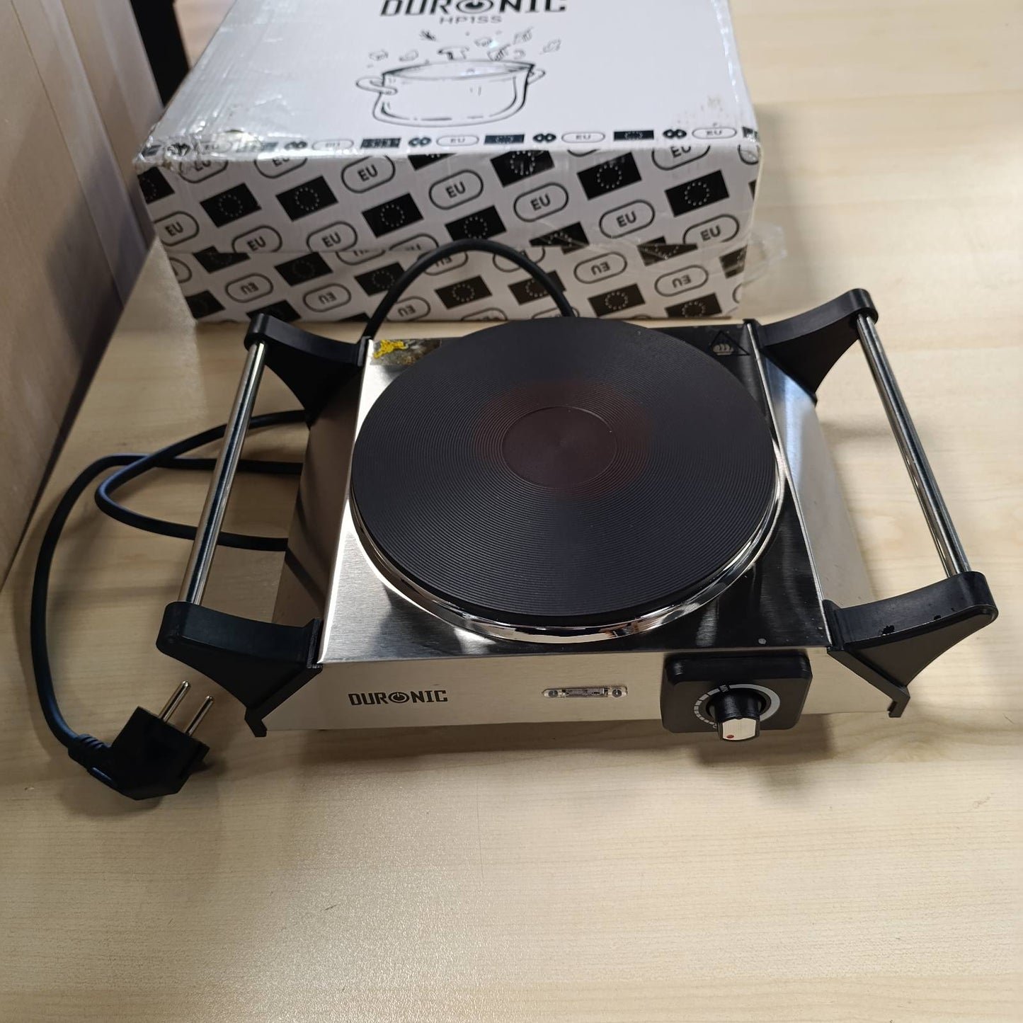 162686 - DURONIC - Sobë Elektrike HP1 SS, 1500W, 1 Pllakë Nxehëse prej Gize, me Doreza Mbajtëse dhe Temperaturë të Rregullueshme, Argjendi - Ideale për Kamping