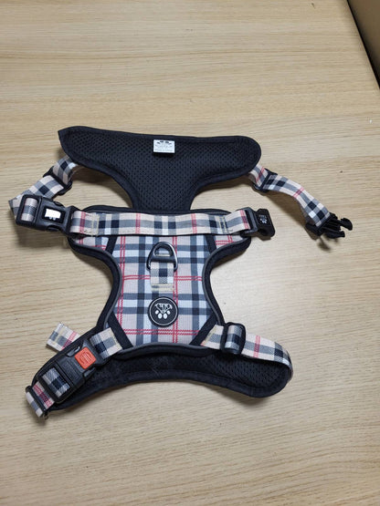 183639 - NESTROAD Set Rripash Kundër Tërheqjes për Qen të Mëdhenj, Ngjyrë Bezhë me Kuadrata, Madhësia XL, Perimetër Qafe 43-64cm, Perimetër Kraharori 53-89cm, Përfshin Rrip, Zinxhir dhe Rrip Sigurie.