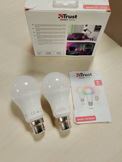 185106 - TRUST - Llambë Inteligjente WiFi B22 LED e Bardhë dhe me Ngjyra, e Kompatueshme me Alexa dhe Google Home, RGB 2.4GHz, Pa nevojë për Qendër - Pako me 2 Copë