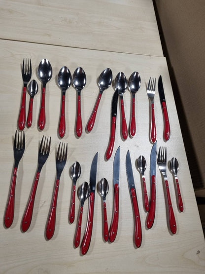 185192 - PRADEL ESSENTIEL - Set Takëmesh 24 Pjesë për 6 Persona - Bistro 1-2-3 - Material: Çelik Inox 18/0, me Përfundim Standard - Ngjyra: E Kuqe