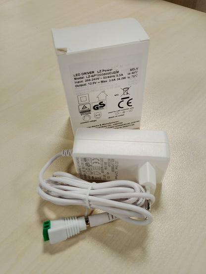 186108 - LACASA Furnizim me energji 12V 3A për shirita LED, transformator 36W, Adaptor konvertues AC 200-240V në DC 12V me kabllo 1.5m, Prizë 5.5 x 2.1mm, Spinë BE, Miratuar nga GS TÜV CE